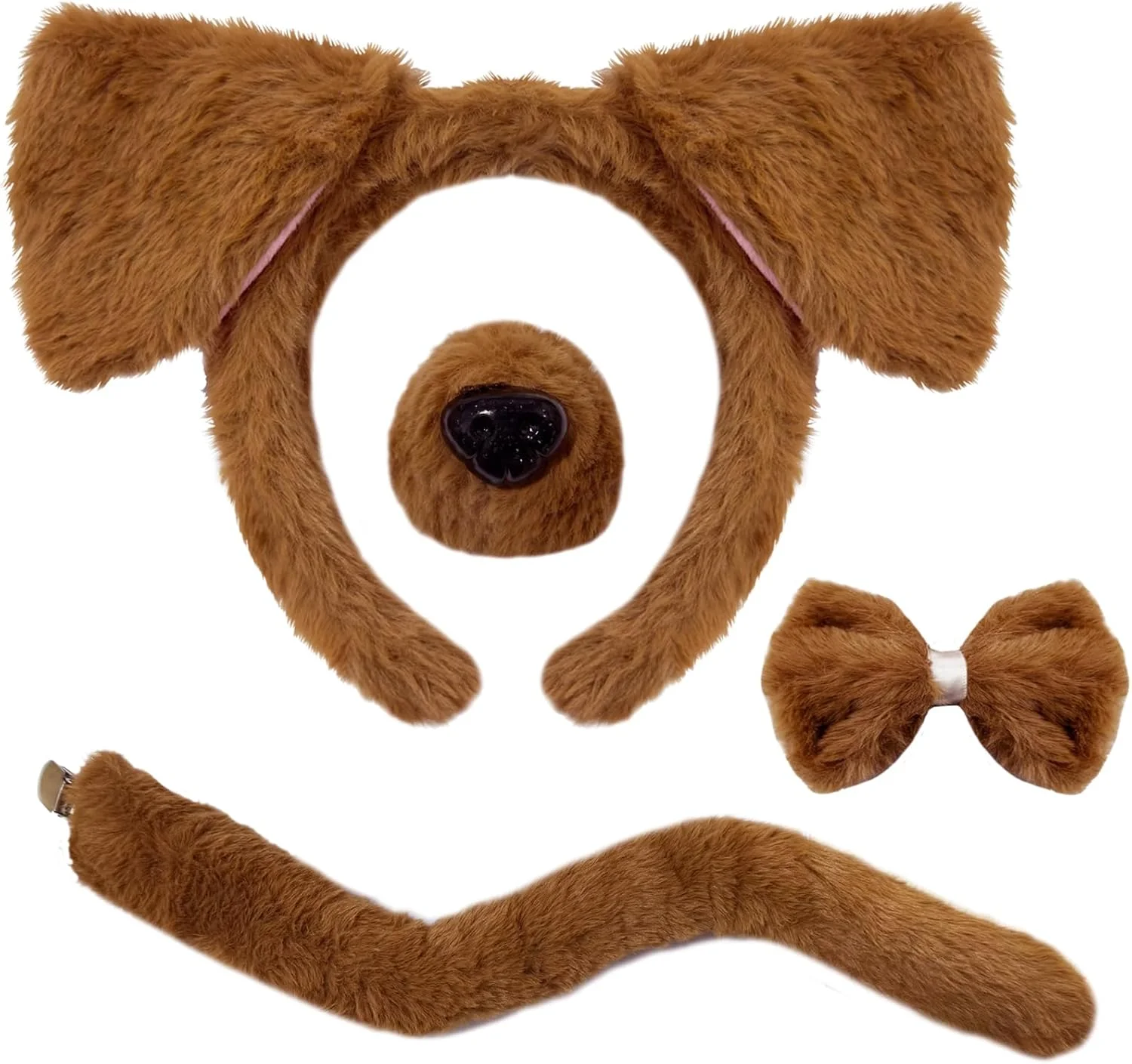 ست 4 تکه گوش سگ، هدبند، دم، بینی و پاپیون Qiuttnqn، ست لباس سگ توله سگ، لوازم جانبی لباس گوش سگ توله سگ قهوه ای، هدبند گوش سگ واقعی، کلاه گیس فرفری سگ