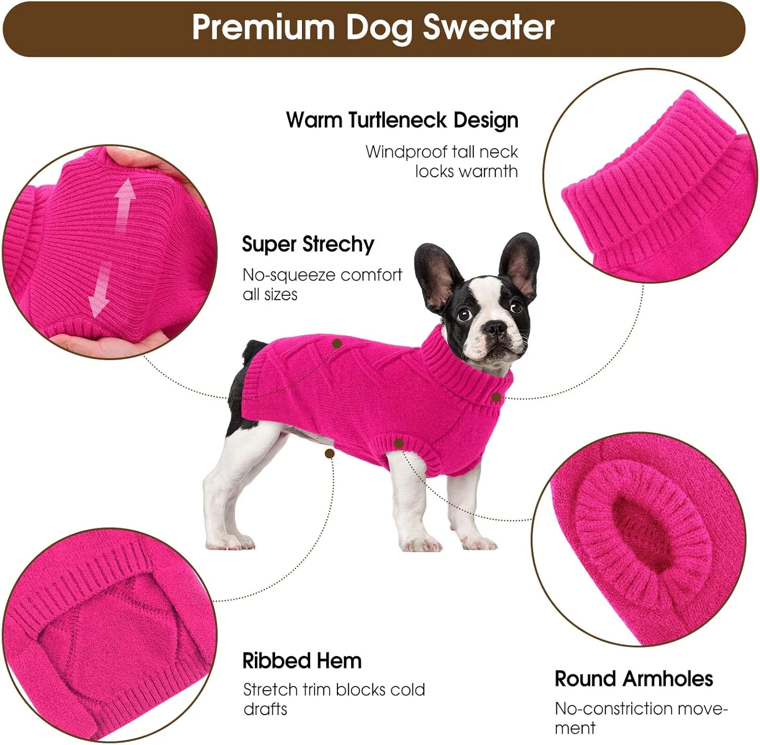 پلیور بافتنی نرم و گرم سگ Queenmore، مناسب سگ های نر و ماده، چی‌واوا، یورکی، پودل، کوکاپو، داشهوند، صورتی، سایز S