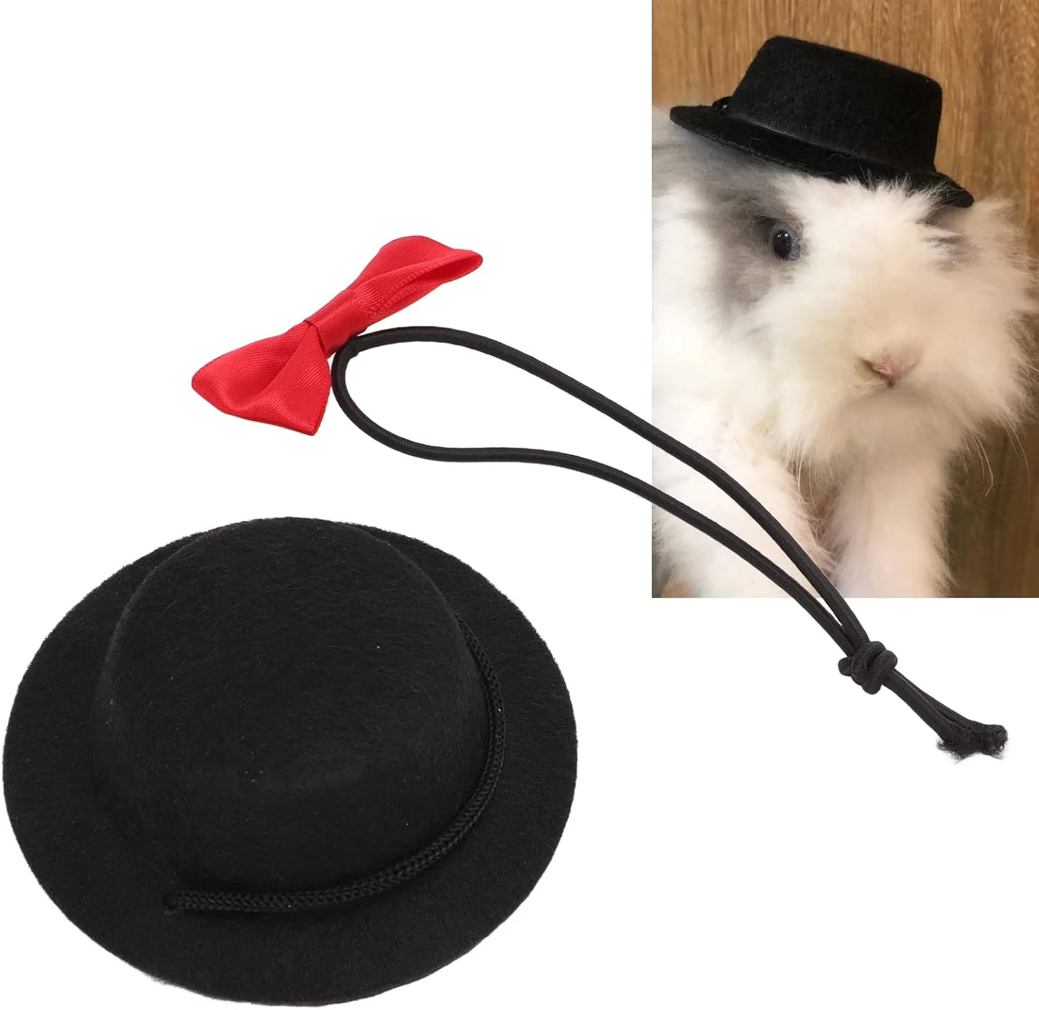 ست کلاه و پاپیون حیوانات خانگی کوچک Qukaim، لباس حیوانات خانگی راحت و قابل تنظیم برای خرگوش، همستر و خوکچه هندی، کلاه مشکی با پاپیون قرمز