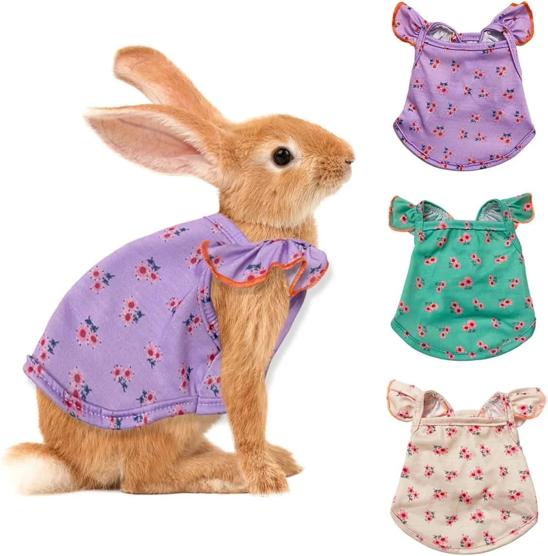 ست ۳ عددی لباس خرگوشی، دامن لباس گلدار برای خوکچه هندی، گربه کوچک، سگ و حیوانات کوچک (سبز+بنفش+صورتی، L)