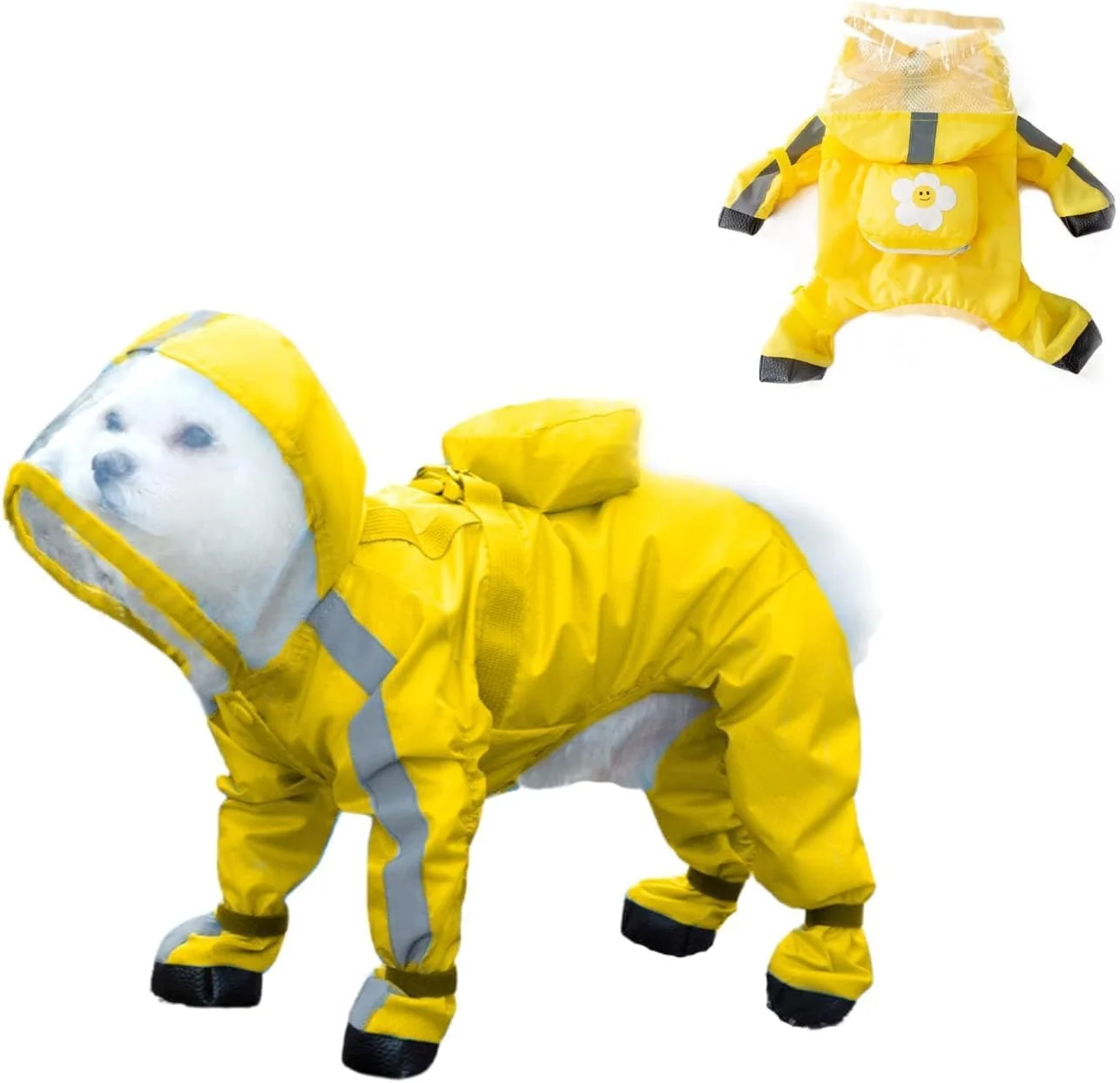ست بارانی و کفش باران سگ کوچک، ژاکت سگ بازتابنده پوشش کامل با کوله پشتی، بارانی سگ با ست چکمه باران برای سگ های کوچک و متوسط (زرد، S)