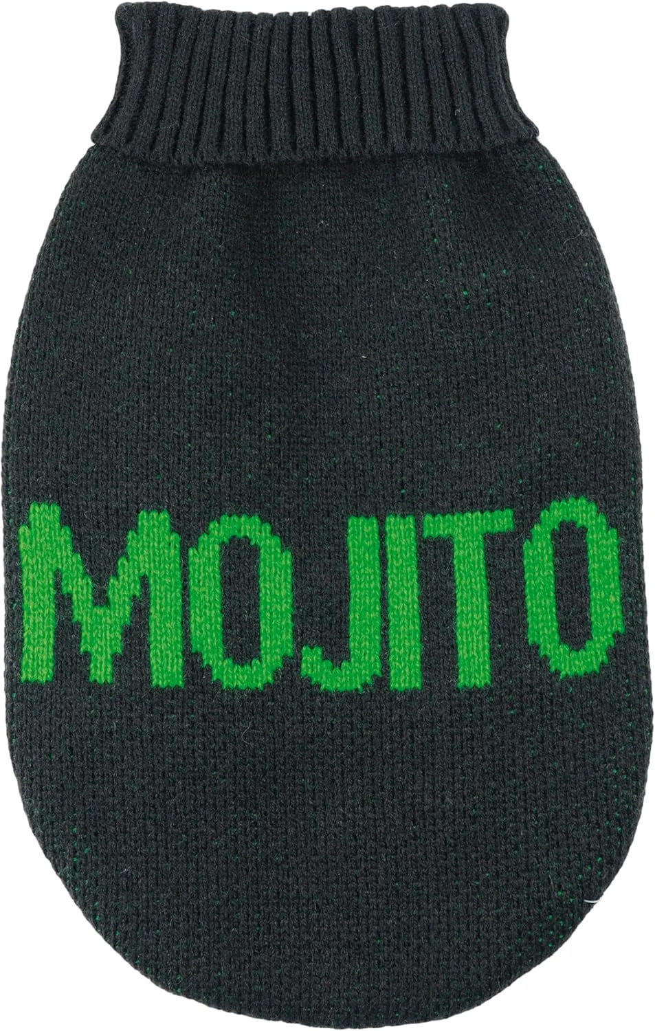 پلیور سگ طرح کوکتل. پلیور نرم یقه اسکی با کش کمر، گلدوزی شده با کلمه 'Mojito' | سایز XS، طول پشت 30 سانتی متر