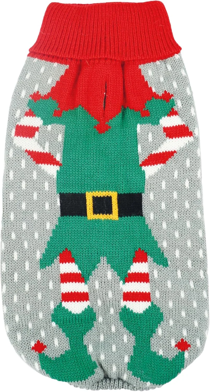 ژاکت سگ طرح کریسمس "الف کوچک". ژاکت یقه اسکی نرم و گرم با طرح الف بابانوئل، راحت و سرگرم کننده | سایز XL، طول پشت 50 سانتی متر