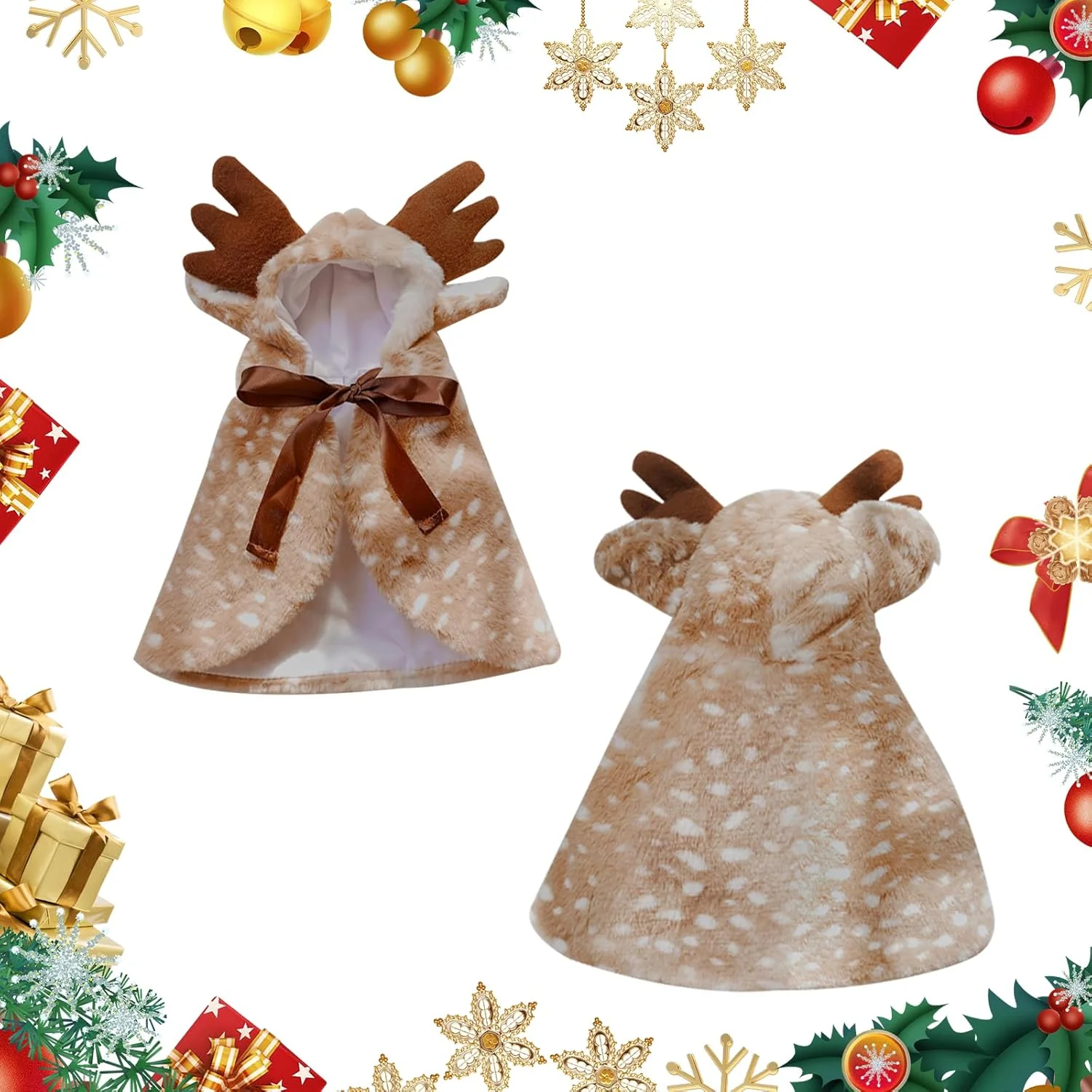 شنل سگ طرح گوزن شمالی - لباس کریسمس پشمالو برای حیوانات خانگی، لباس گرم طرح گوزن سایز M (دور گردن 20 سانتی متر)، هدیه جشن برای گربه ها و سگ های کوچک