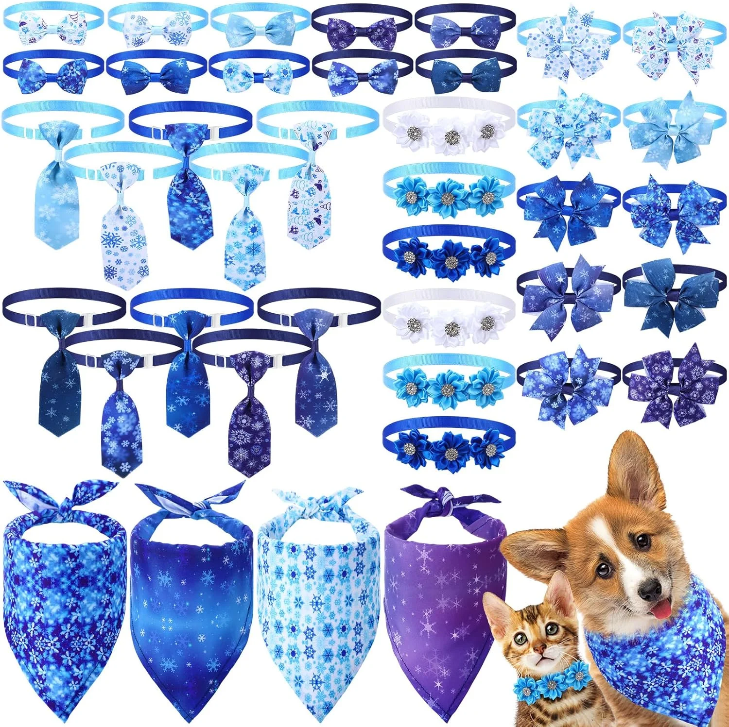 40 عدد دستمال گردن سگ زمستانی طرح دانه برف آبی، پاپیون و قلاده گربه، ست پیشبند و دستمال گردن سگ با طرح زمستانی قابل تنظیم، مناسب برای سگ های کوچک و متوسط، لوازم جانبی آرایش و پیرایش حیوانات خانگی