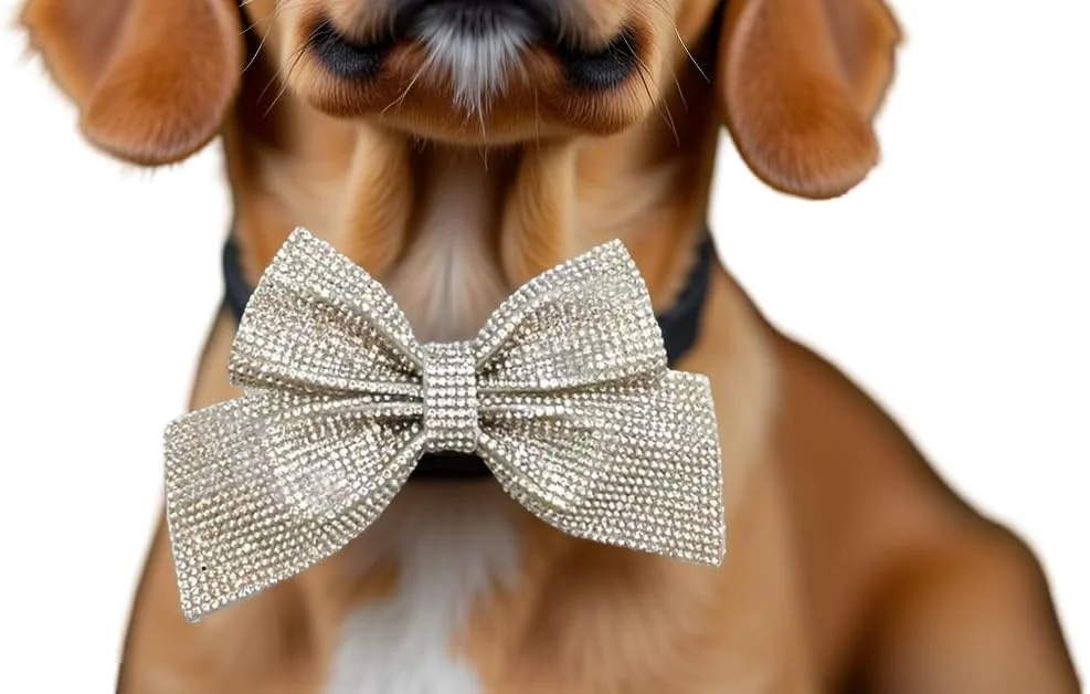 پاپیون سگ جداشدنی نگین دار لوکس برای قلاده، جواهری مجلسی برای مناسبت های خاص، نمایش حیوانات خانگی، عکاسی و تعطیلات (نگین شفاف، بزرگ)