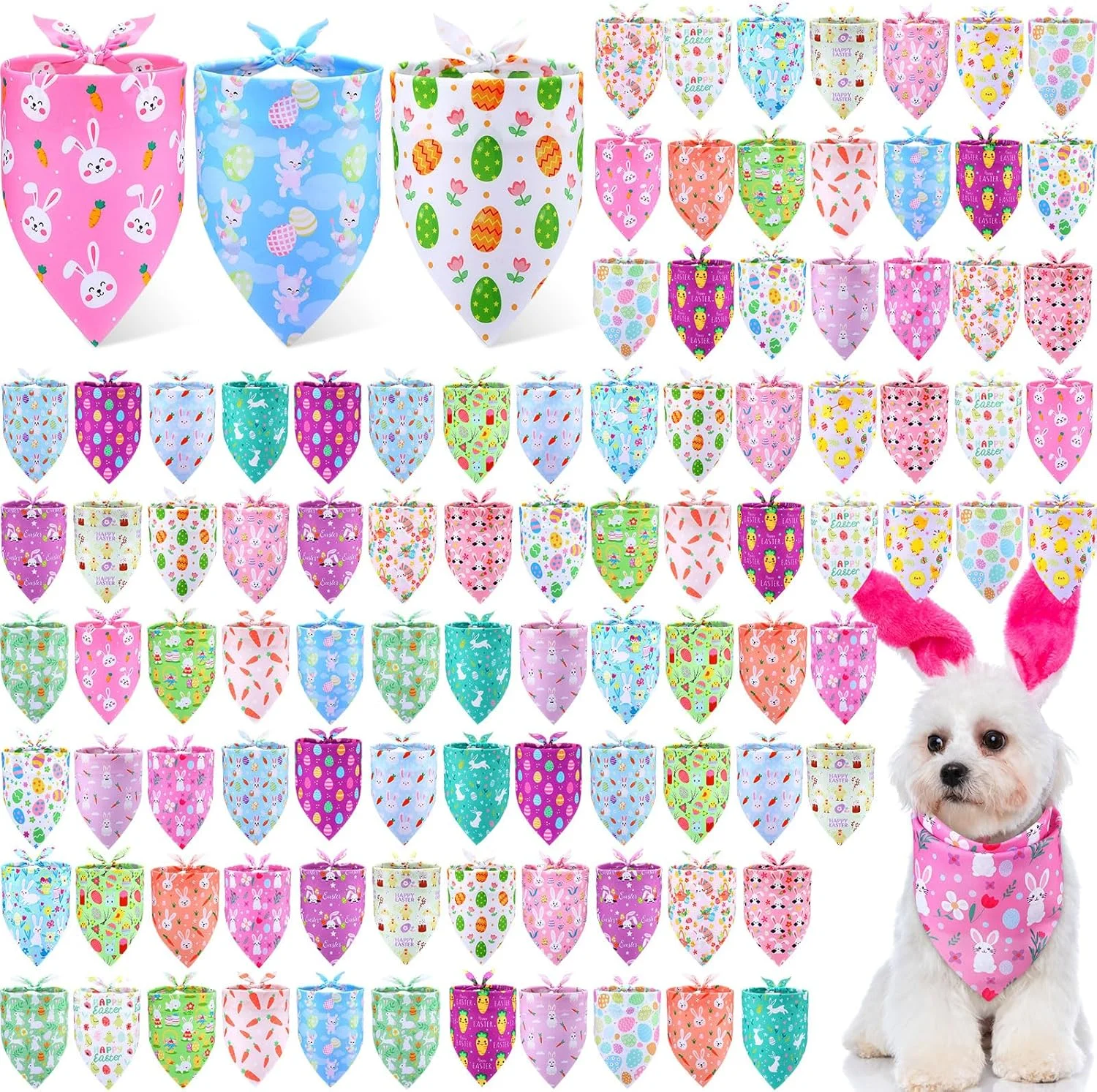 100 عدد دستمال گردن سگ طرح عید پاک، طرح خرگوش و تخم مرغ، دستمال سه گوش قابل تنظیم نرم، پیشبند حیوانات خانگی برای سگ های کوچک تا بزرگ، گربه، دکوراسیون جشن عید پاک