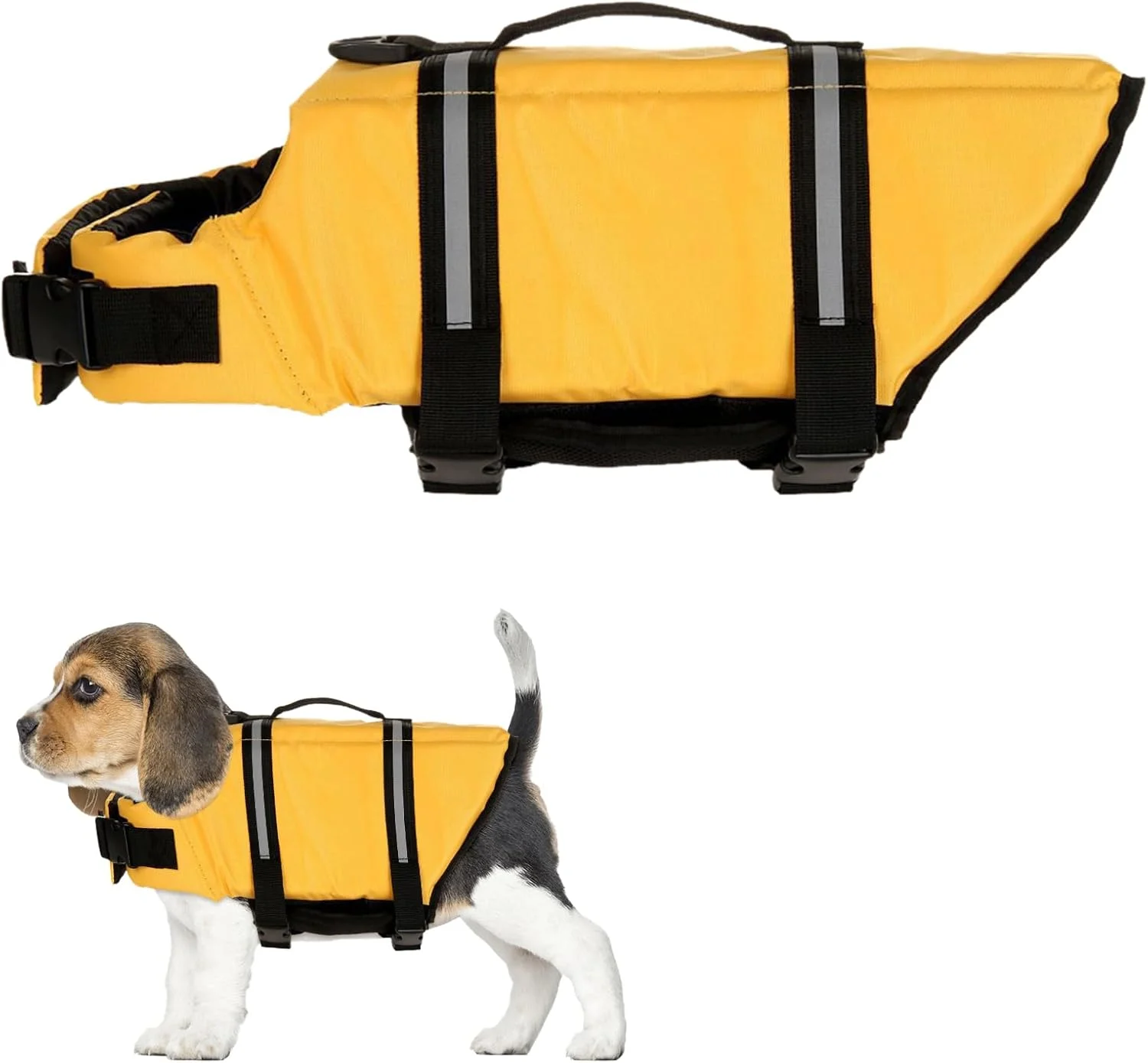 جلیقه نجات سگ، جلیقه نجات با شناوری و ایمنی برای سگ های کوچک، XS، با دسته نجات و عناصر بازتابنده برای ورزش های آبی و ساحل (زرد)