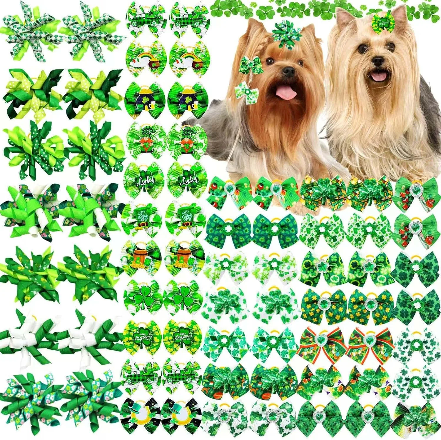 ست پاپیون و گل مو سگ و گربه سنیا، طرح روز سنت پاتریک، 60 عددی، مناسب جشن و سرگرمی، با طرح شبدر، مناسب آراستن موی سگ، گربه، خرگوش و یورکی