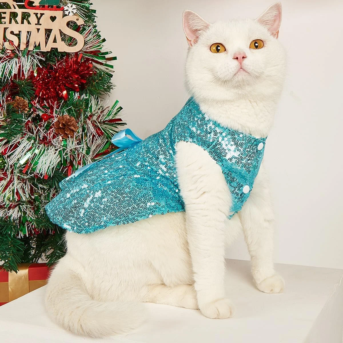 لباس مجلسی پولک‌دار حیوانات خانگی، سگ و گربه، لباس پرنسسی پاپیون‌دار، لباس مهمانی براق، مناسب توله سگ، گربه و سگ‌های کوچک، متوسط و بزرگ (آبی، بزرگ)