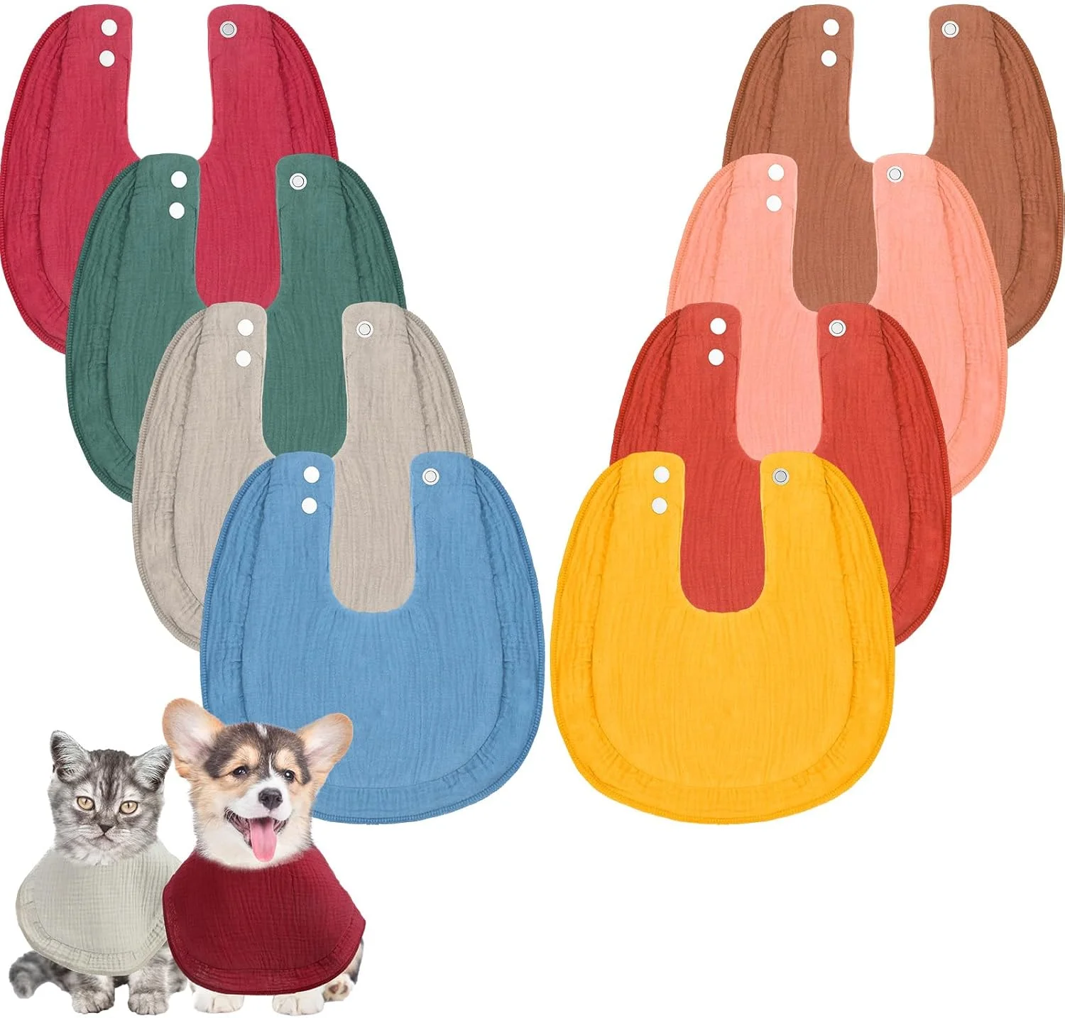 8 عدد دستمال گردن مربعی نخی موسلین شاینیلین، پیشبند حیوانات خانگی دو طرفه، شال گردن حیوانات خانگی با دو دکمه فشاری، لوازم جانبی پوشاک، دستمال سر برای توله سگ و گربه کوچک تا متوسط