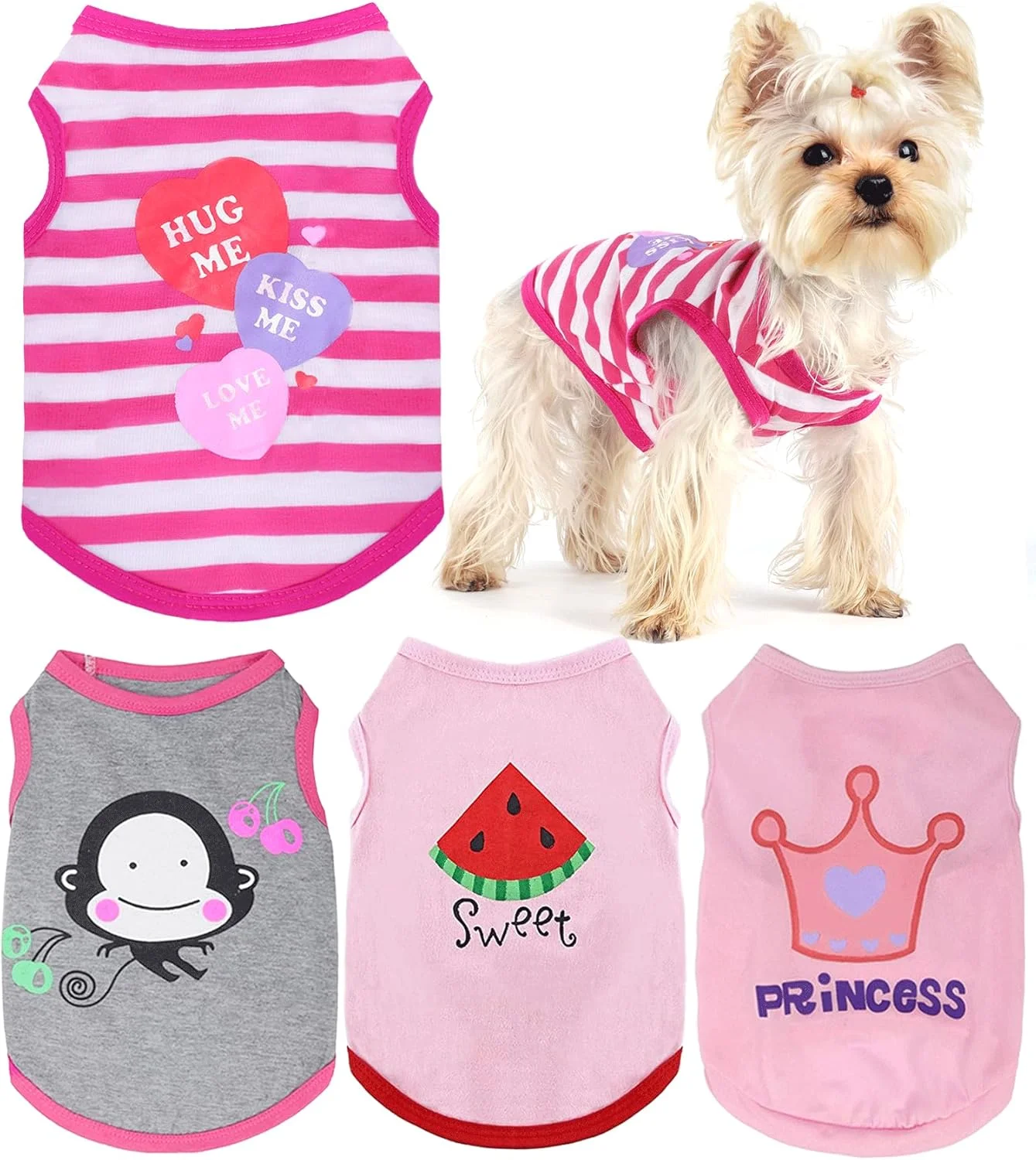 ست 4 عددی تیشرت سگ، لباس سگ برای سگ های کوچک دخترانه - لباس یورکی - لباس سگ کوچک دخترانه - تیشرت های نرم سگ - لباس سگ دخترانه صورتی زیبا - لباس پاییزی حیوانات خانگی