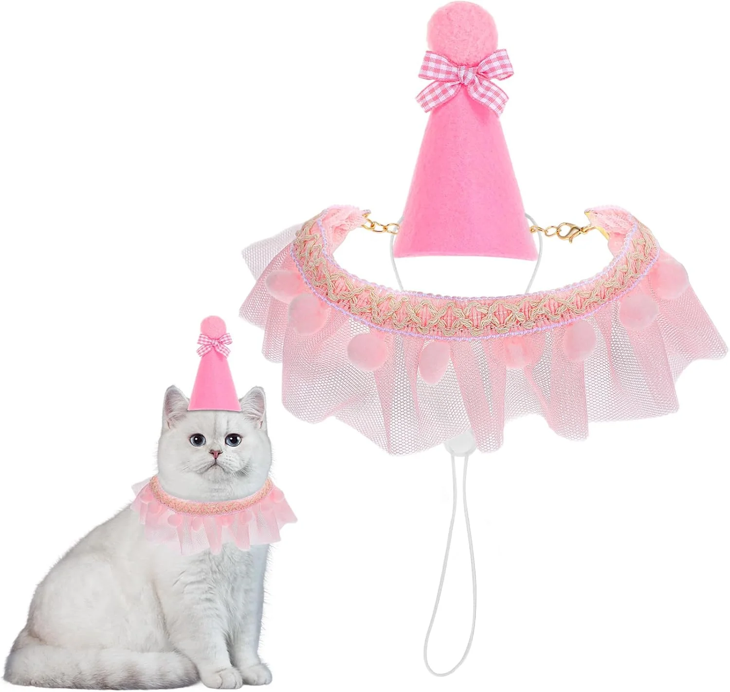 ست کلاه تولد و دستمال گردن گربه صورتی Simarro، پیشبند توری زیبا و کلاه مهمانی تولد صورتی گربه، لوازم جشن تولد برای گربه ها، توله سگ ها و سگ های کوچک