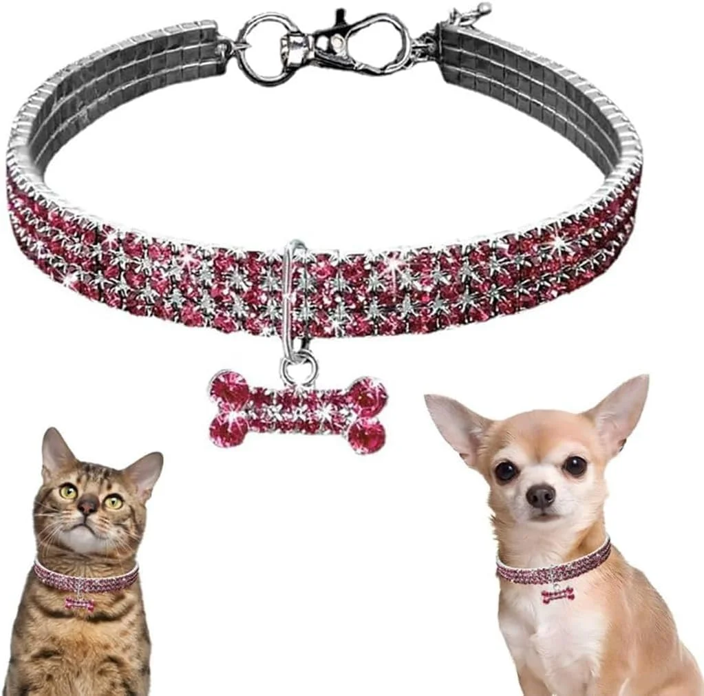 قلاده سگ صورتی براق برای سگ های کوچک، گردنبند بچه گربه الماسی جواهر زنجیره ای اکلیلی کریستالی قلاده توله سگ نگین دار با آویز استخوان برای سگ ها و گربه های ماده کوچک و خیلی کوچک