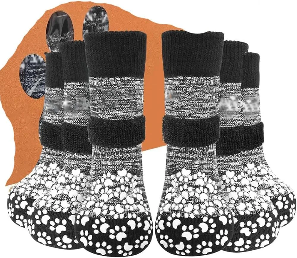 جوراب سگ با طرح پنجه ضد لغزش، 6 عدد سایز بزرگ، کفش سگ بافتنی مشکی و خاکستری برای کشش داخلی