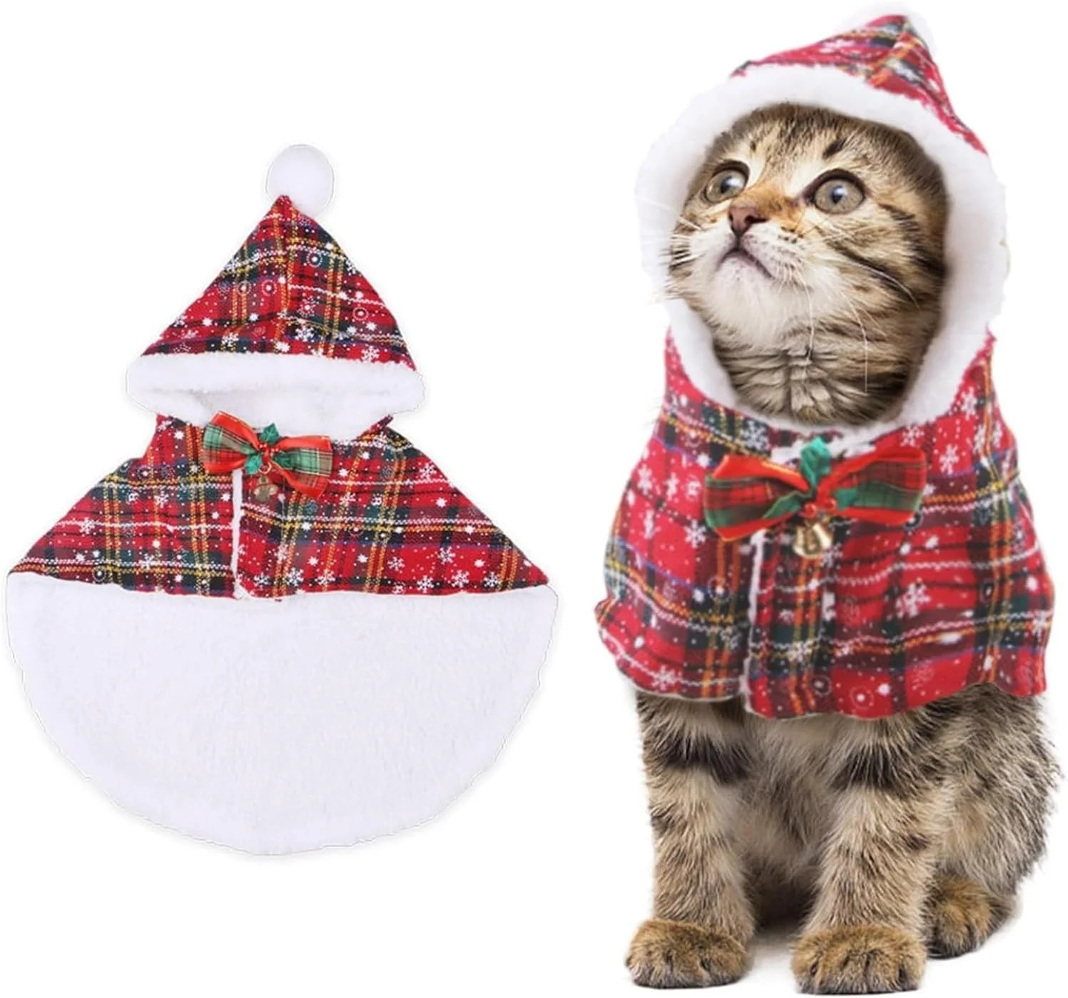 شنل سگ کوچک با پاپیون طرح چهارخانه دانه برف لباس قرمز شنل کلاه دار دنج برای گربه ها و سگ های کوچک