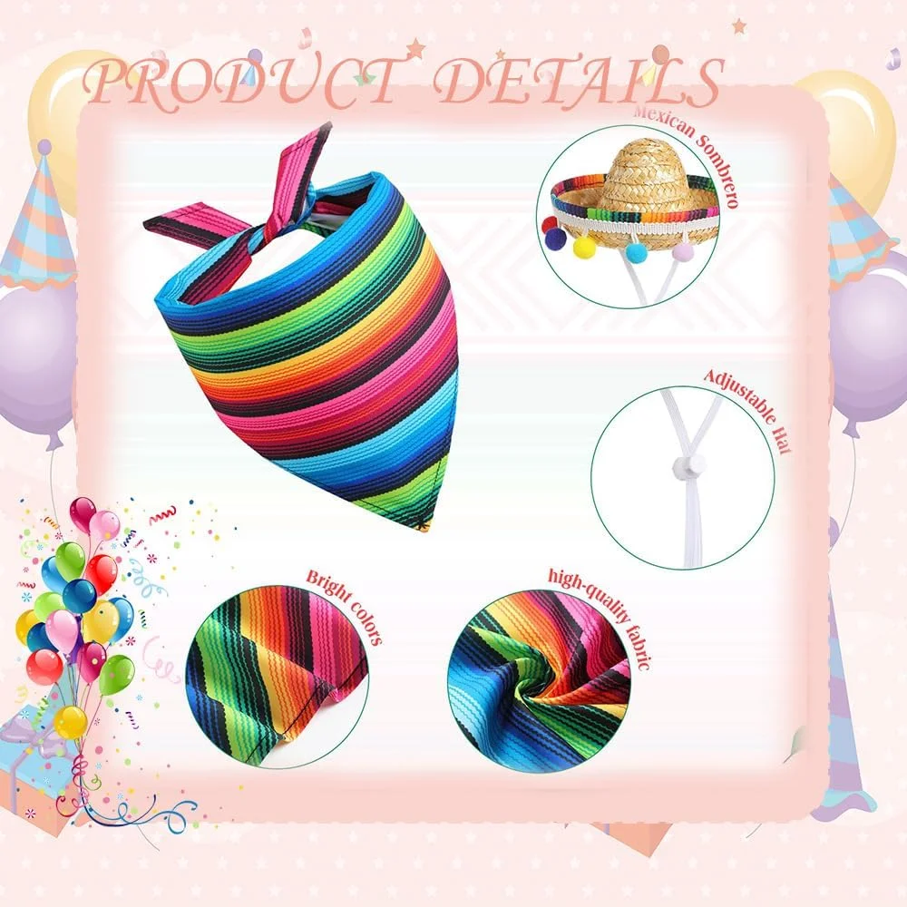 ست لباس مهمانی حیوانات خانگی شامل کلاه حصیری مکزیکی و دستمال گردن مثلثی، مناسب برای تزئین جشن ها، لباس حیوانات خانگی یا تزئین غازهای ایوان