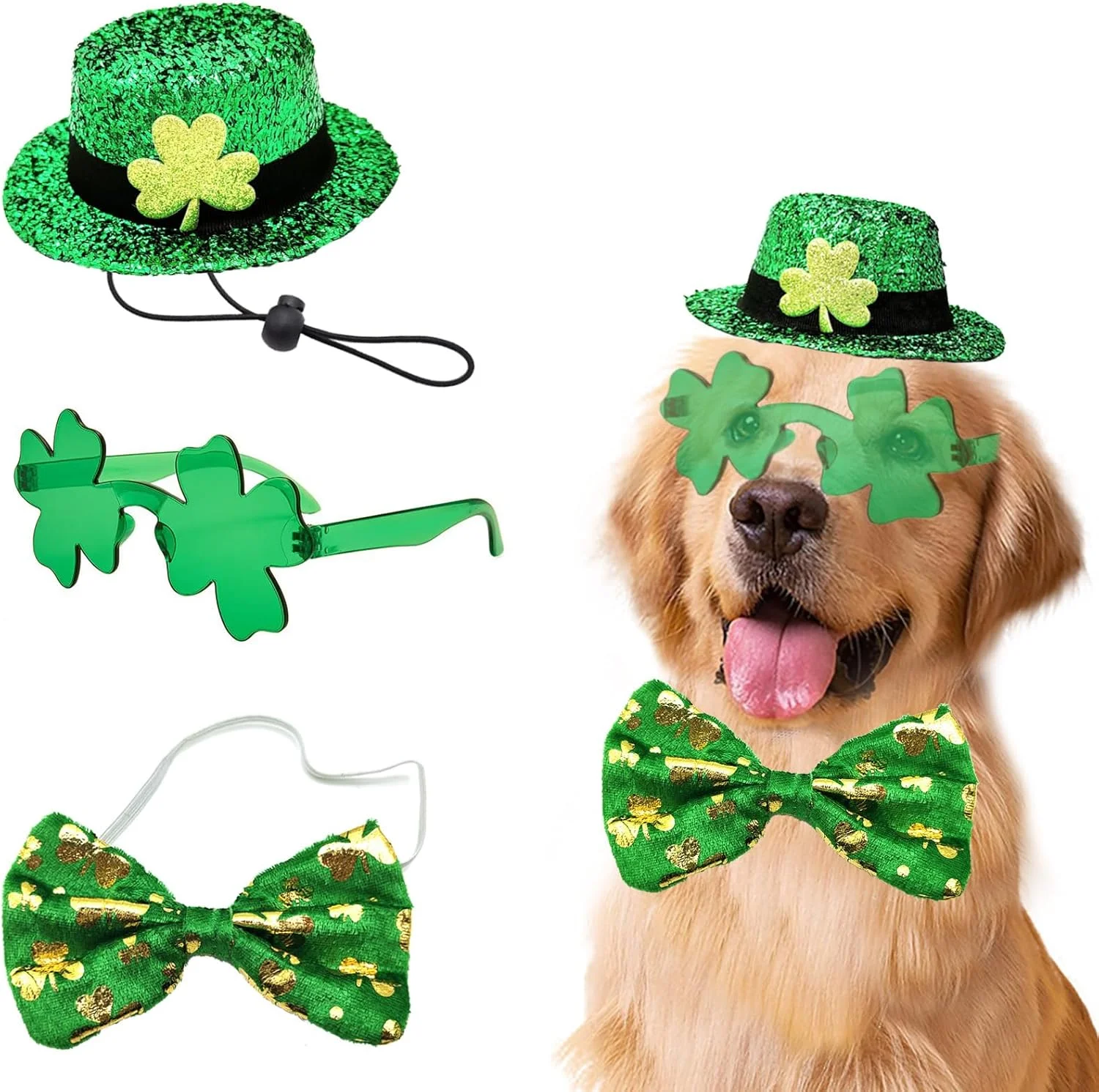 ست لباس سگ برای روز سنت پاتریک شامل کلاه بلند سبز رنگ، عینک آفتابی شبدر و پاپیون مناسب سگ های بزرگ برای جشن های روز سنت پاتریک ست لباس سگ برای روز سنت پاتریک شامل کلاه بلند سبز رنگ، عینک آفتابی شبدر و پاپیون مناسب سگ های بزرگ برای جشن های روز سنت پاتریک