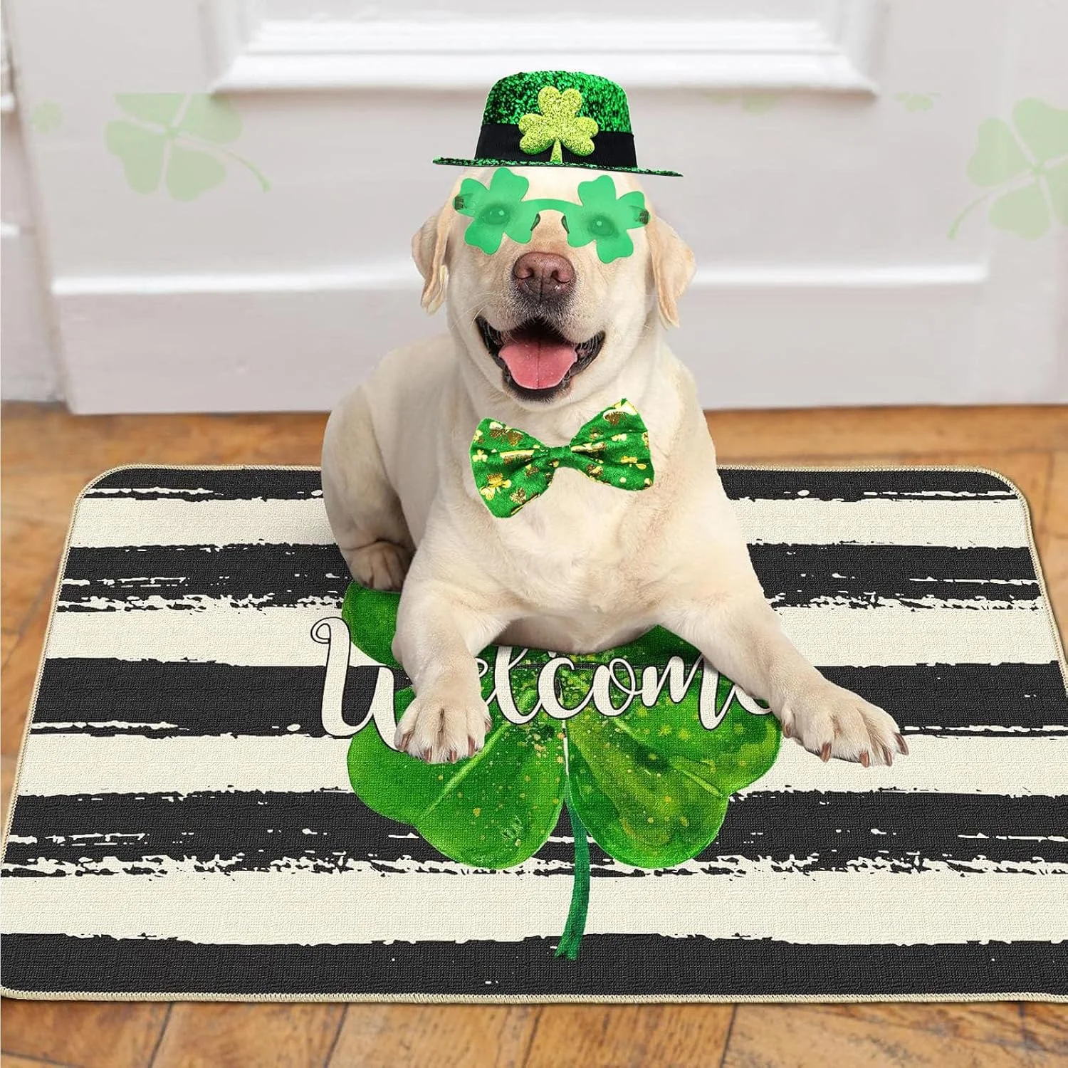 ست لباس سگ برای روز سنت پاتریک شامل کلاه بلند سبز رنگ، عینک آفتابی شبدر و پاپیون مناسب سگ های بزرگ برای جشن های روز سنت پاتریک ست لباس سگ برای روز سنت پاتریک شامل کلاه بلند سبز رنگ، عینک آفتابی شبدر و پاپیون مناسب سگ های بزرگ برای جشن های روز سنت پاتریک