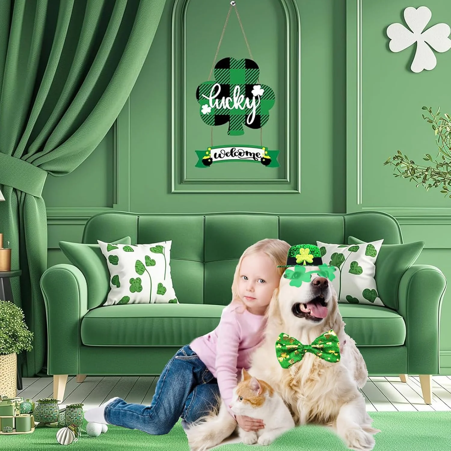 ست لباس سگ برای روز سنت پاتریک شامل کلاه بلند سبز رنگ، عینک آفتابی شبدر و پاپیون مناسب سگ های بزرگ برای جشن های روز سنت پاتریک ست لباس سگ برای روز سنت پاتریک شامل کلاه بلند سبز رنگ، عینک آفتابی شبدر و پاپیون مناسب سگ های بزرگ برای جشن های روز سنت پاتریک