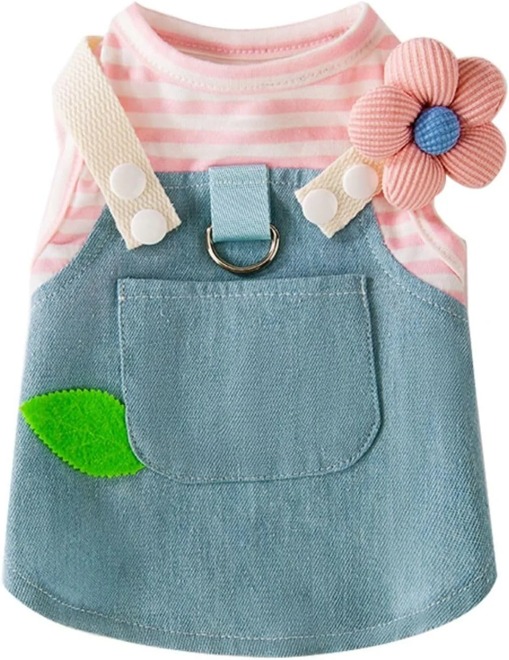 لباس سگ جین با طرح راه راه صورتی، سرشانه گلدار و جیب برگ تزئینی، لباس حیوانات خانگی کوچک برای چیواوا، یورکی، لباس توله سگ برای تولد، مهمانی و استفاده روزمره (صورتی، S)