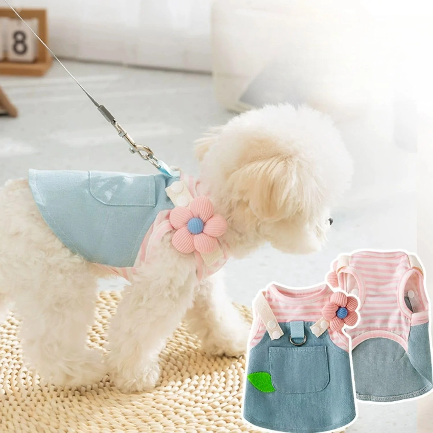 لباس سگ جین با طرح راه راه صورتی، سرشانه گلدار و جیب برگ تزئینی، لباس حیوانات خانگی کوچک برای چیواوا، یورکی، لباس توله سگ برای تولد، مهمانی و استفاده روزمره (صورتی، S)