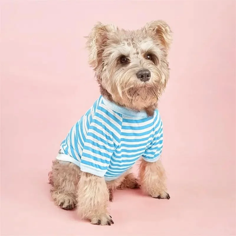 تی‌شرت راه‌راه سگ، لباس سگ، لباس تنفسی حیوانات خانگی، لباس گرم رنگارنگ توله سگ مناسب برای سگ‌های کوچک تا متوسط (آبی سایز L)