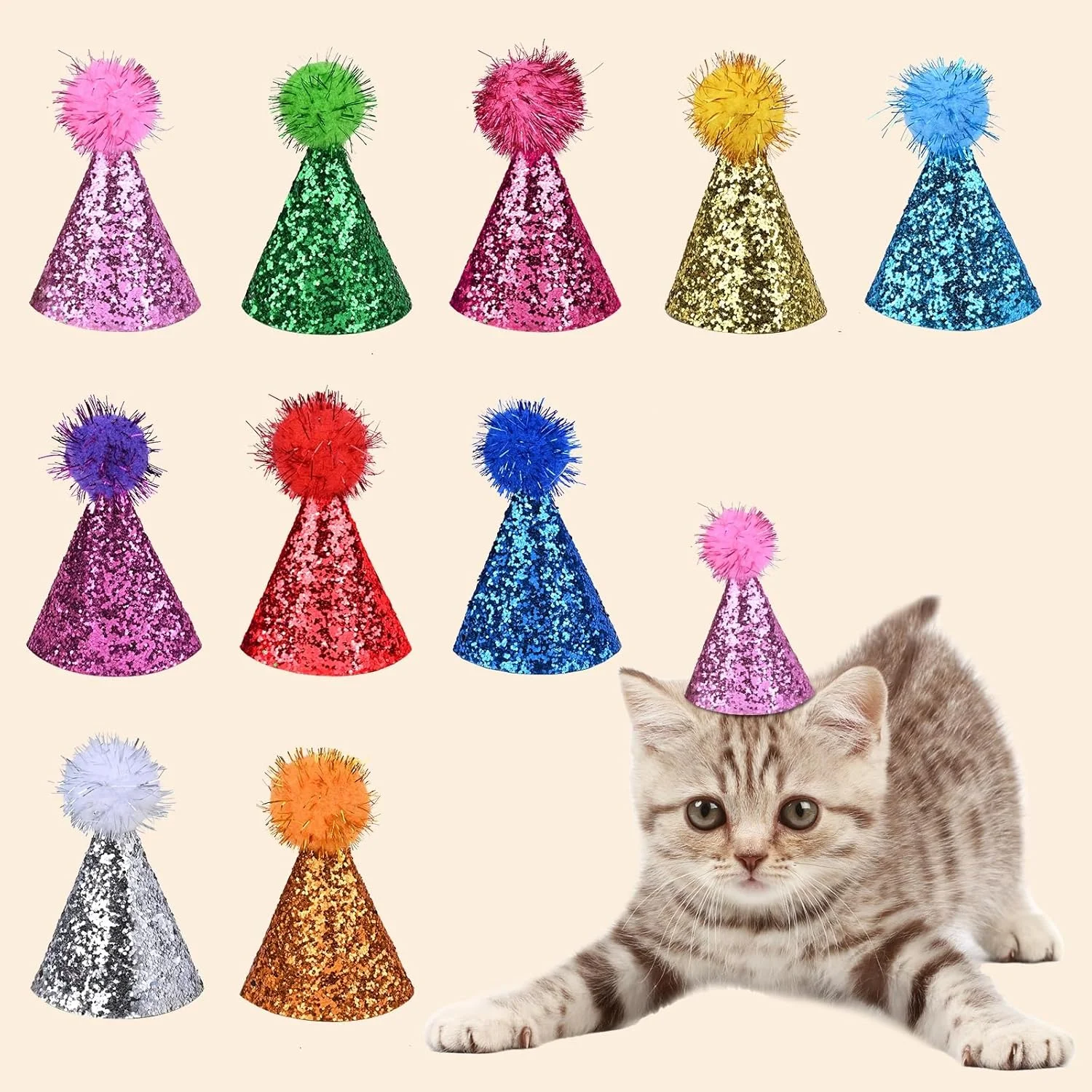 ۱۰ عدد کلاه مهمانی کوچک برای حیوانات عروسکی، کلاه تولد گربه، هدبندهای قابل تنظیم کلاه تولد سگ
