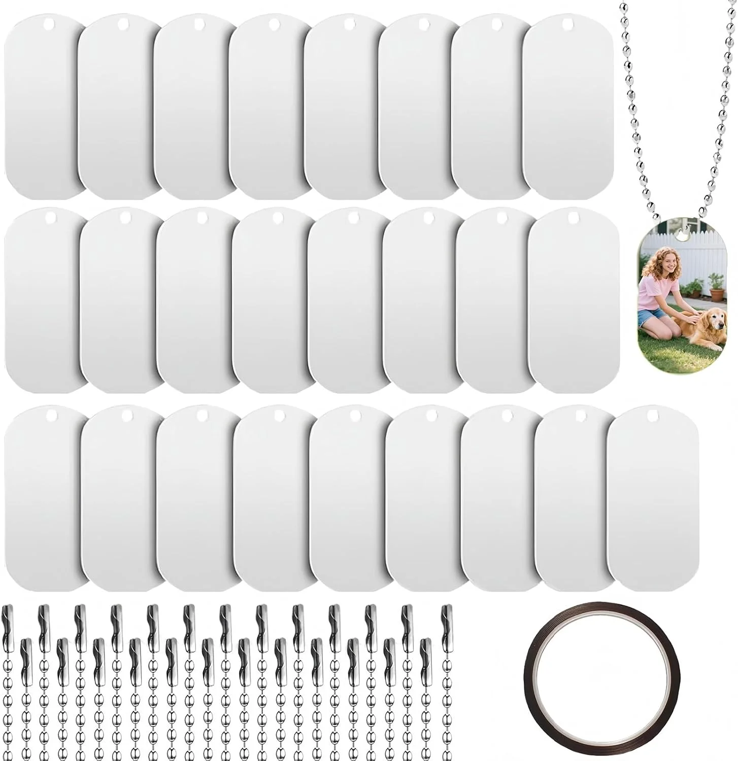 مجموعه پلاک های سابلیمیشن، 25 عدد پلاک فلزی سابلیمیشن و زنجیر گردنبند برای حیوانات خانگی و کارهای تزئینی