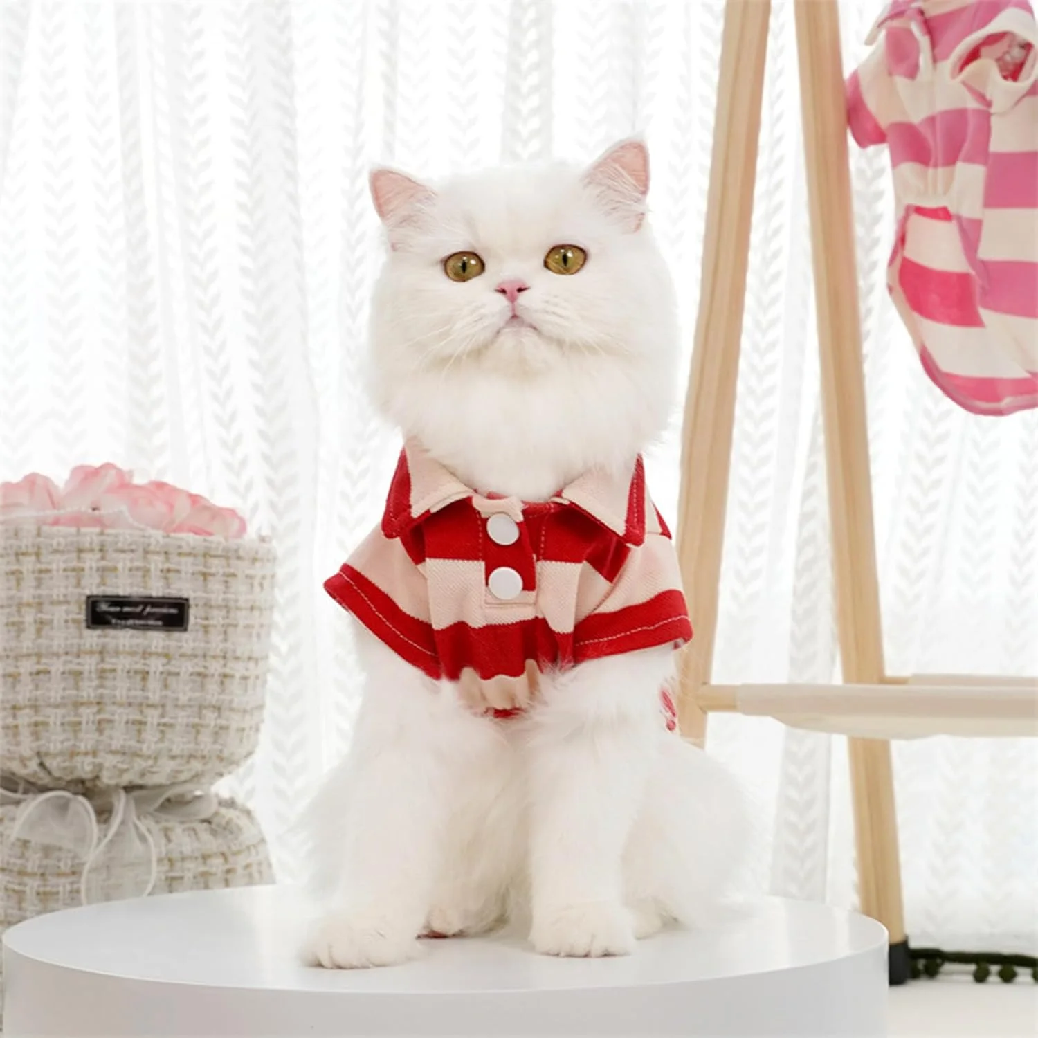 تی‌شرت راه راه تابستانی حیوانات خانگی برای سگ‌ها و گربه‌های کوچک - ترکیب پنبه‌ای تنفسی، قرمز، طراحی یقه اسکی برای چی‌واوا، پودل، یورکی (S)