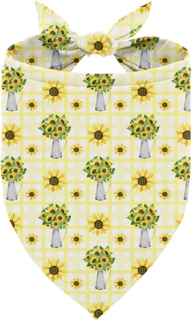 دستمال گردن سگ طرح آفتابگردان، دستمال سه گوش راحت و قابل تنظیم، دستمال حیوانات خانگی با طرح راه راه زرد و آفتابگردان، دستمال گردن فانتزی توله سگ