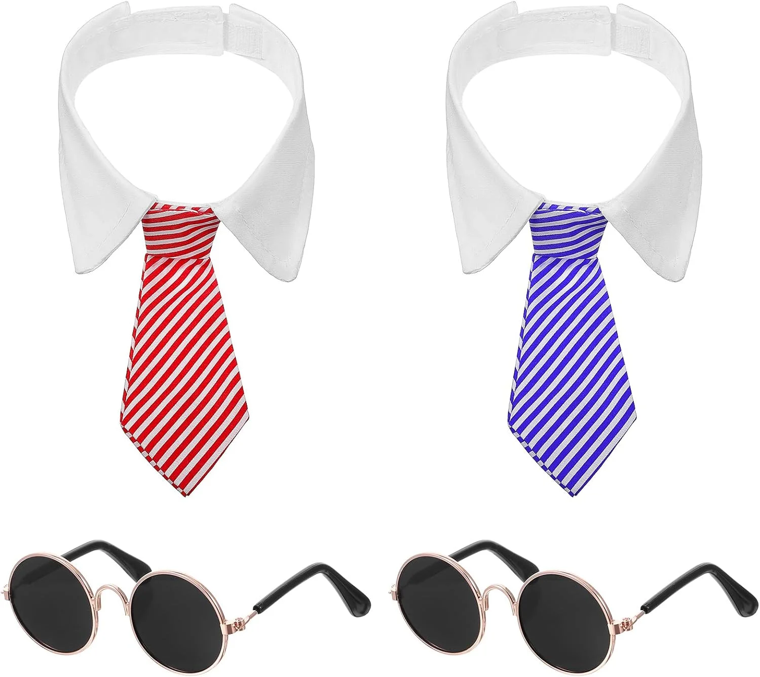 دو ست کراوات سگ و گربه با یقه و عینک آفتابی حیوانات خانگی، کراوات های قابل تنظیم حیوانات خانگی و عینک های گرد فلزی برای توله سگ ها، لوازم جانبی جشن تولد، عید پاک، هالووین، روز ولنتاین و عروسی