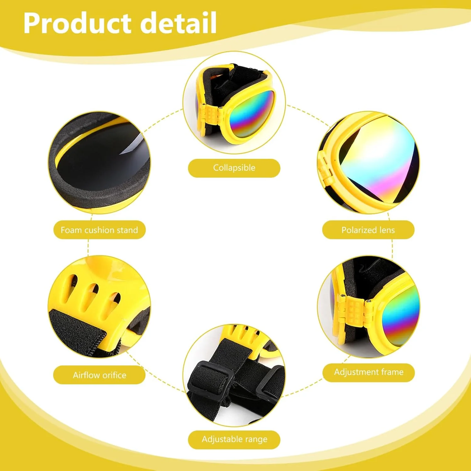 عینک آفتابی سگ، عینک محافظ تاشو و قابل تنظیم حیوانات خانگی برای فعالیت های خارج از منزل، زرد