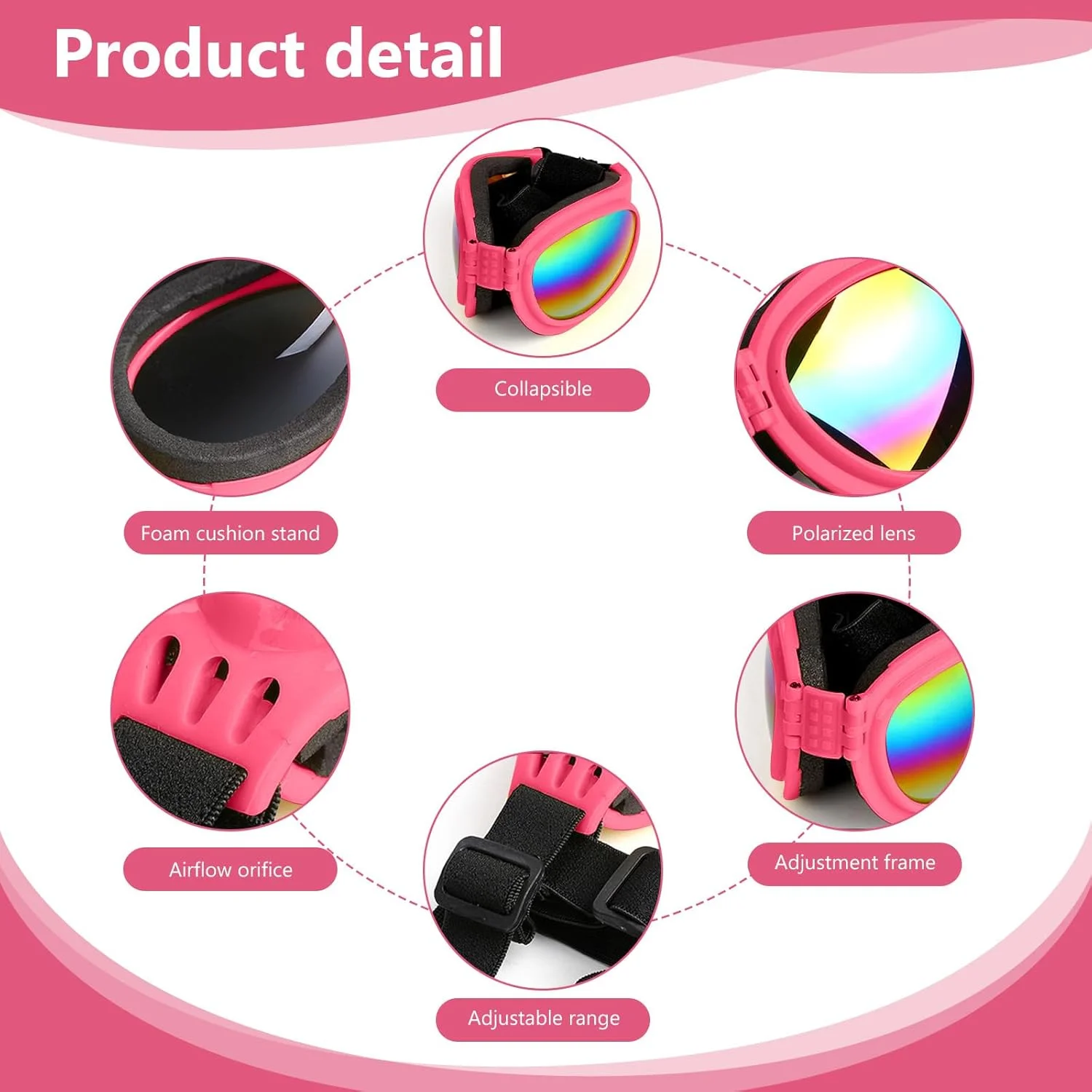 عینک آفتابی سگ، عینک محافظ تاشو و قابل تنظیم حیوانات خانگی برای فعالیت های خارج از منزل، صورتی