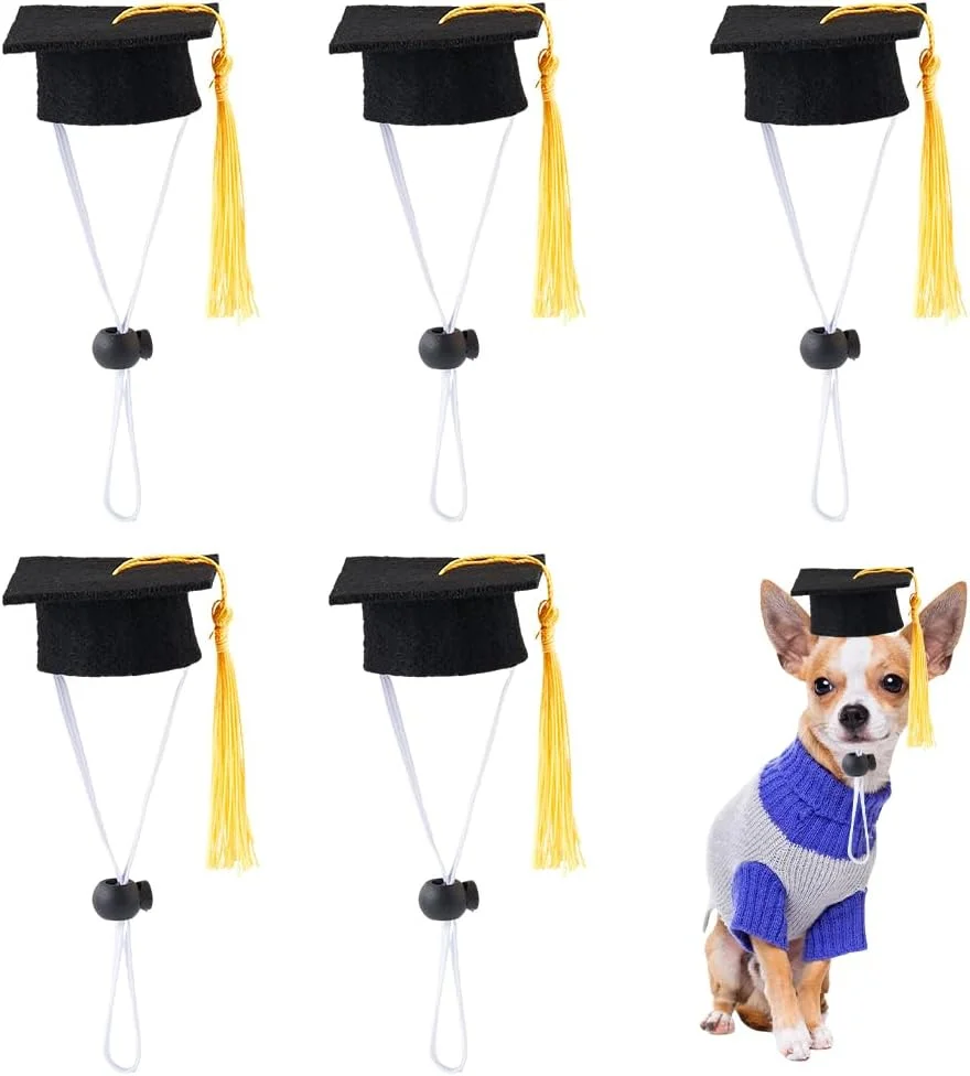 سوپرفایندینگز بسته 5 عددی کلاه فارغ التحصیلی حیوانات خانگی، کلاه های مینی فارغ التحصیلی با منگوله زرد، کلاه لیسانس برای حیوانات کوچک، لباس فارغ التحصیلی حیوانات خانگی مشکی، وسایل تزئینی برای لوازم جانبی حیوانات