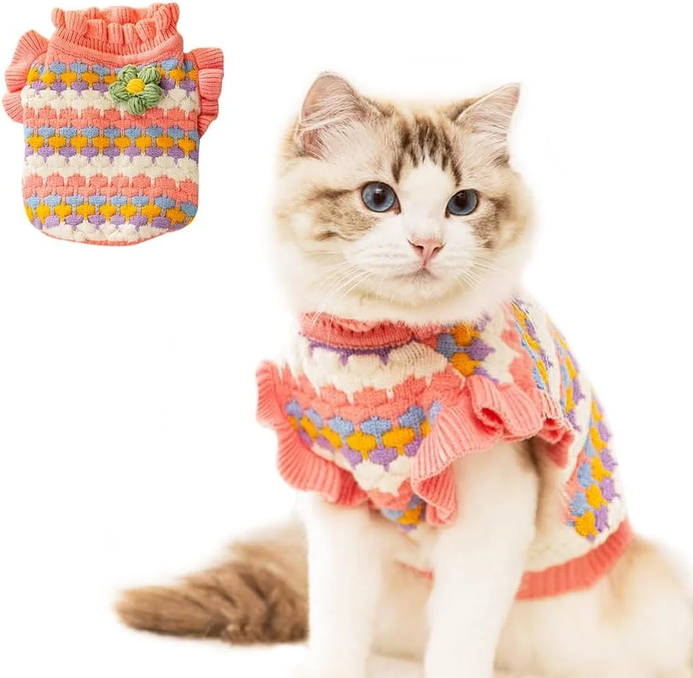 ژاکت سگ کوچک، ژاکت بافتنی گربه با طرح لاله، لباس گرم و ضخیم توله سگ برای سگ های کوچک دخترانه، لباس مناسب هوای سرد برای بچه گربه، چی‌واوا، یورکی، مینیاتوری، داشهوند، پاگ (صورتی، بزرگ)