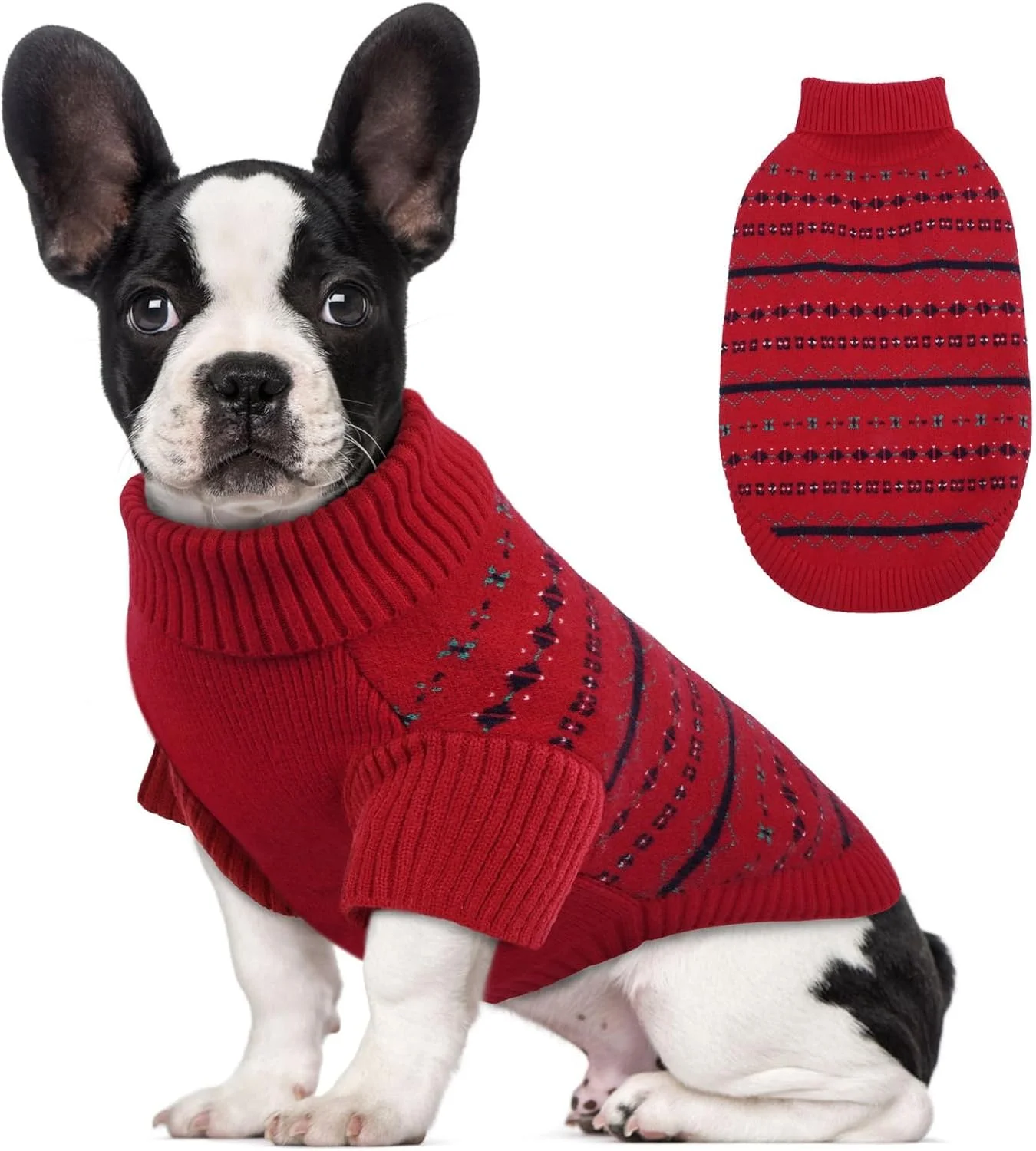 ژاکت بافتنی گرم سگ کوچک Dora Bridal، یقه اسکی برای توله سگ در زمستان و کریسمس، لباس سگ برای چیواوا، بولداگ فرانسوی، یورکی (M، قرمز)