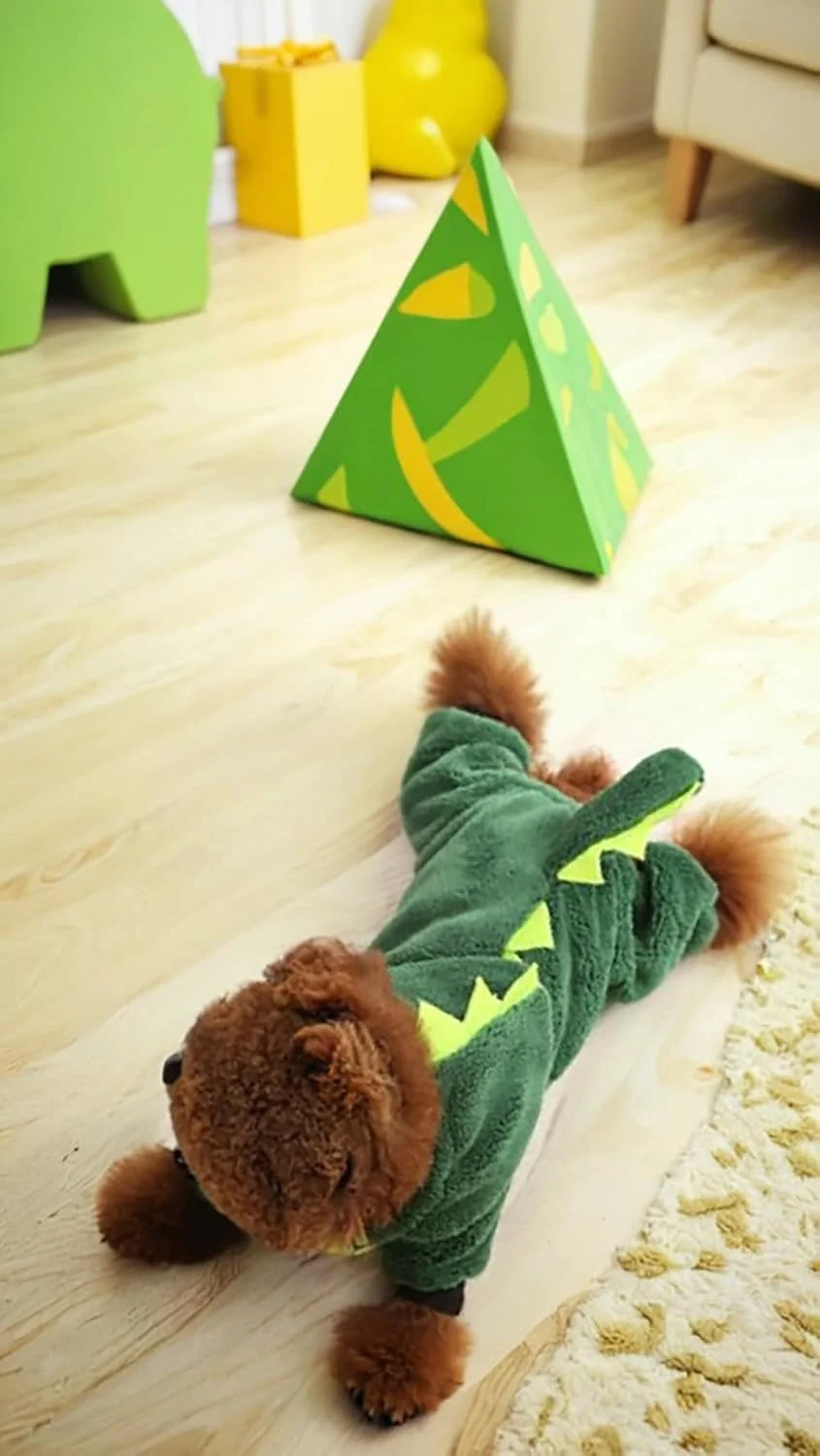 ست لباس گرم پشمی حیوانات خانگی، شامل یک ژاکت زمستانی و جامپسوت پولیشی برای سگ ها و گربه ها - طرح دایناسور مناسب هالووین - لباس خواب زمستانی راحت و شیک برای نژاد داشهوند، سایز L