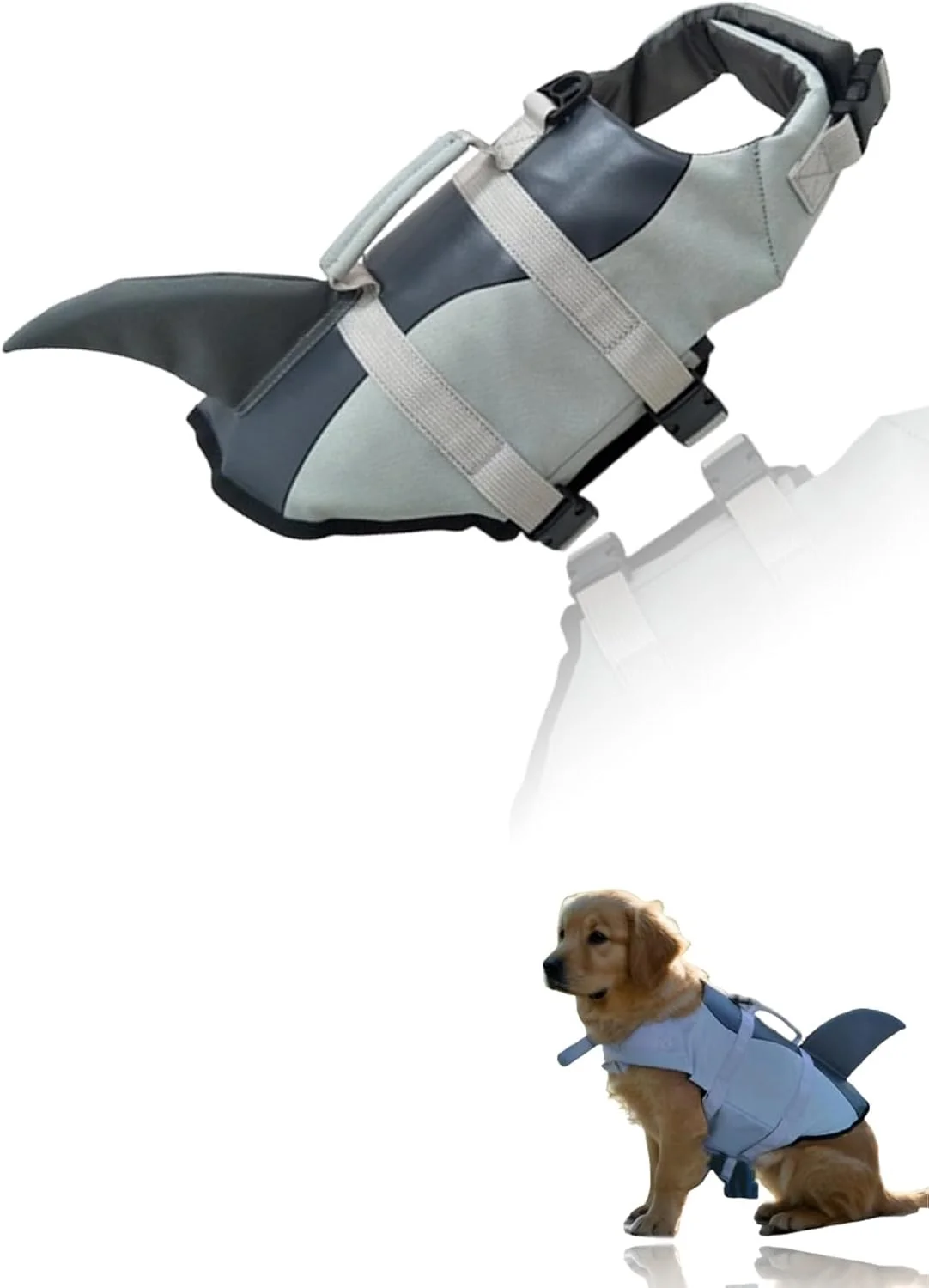 جلیقه نجات سگ قابل تنظیم Sweet seven - جلیقه حیوانات خانگی طرح کوسه با دستگیره ایمنی، مقاوم در برابر پارگی، شناوری عالی - مناسب برای سگ های بزرگ، متوسط ​​و کوچک (خاکستری) سایز S