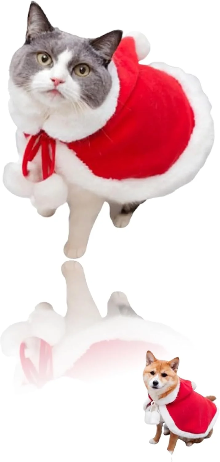 لباس کریسمس حیوانات خانگی Sweet Seven - شنل قرمز با کلاه بابانوئل، اکسسوری خنده دار و ضخیم برای گربه ها و سگ های کوچک (سایز متوسط)