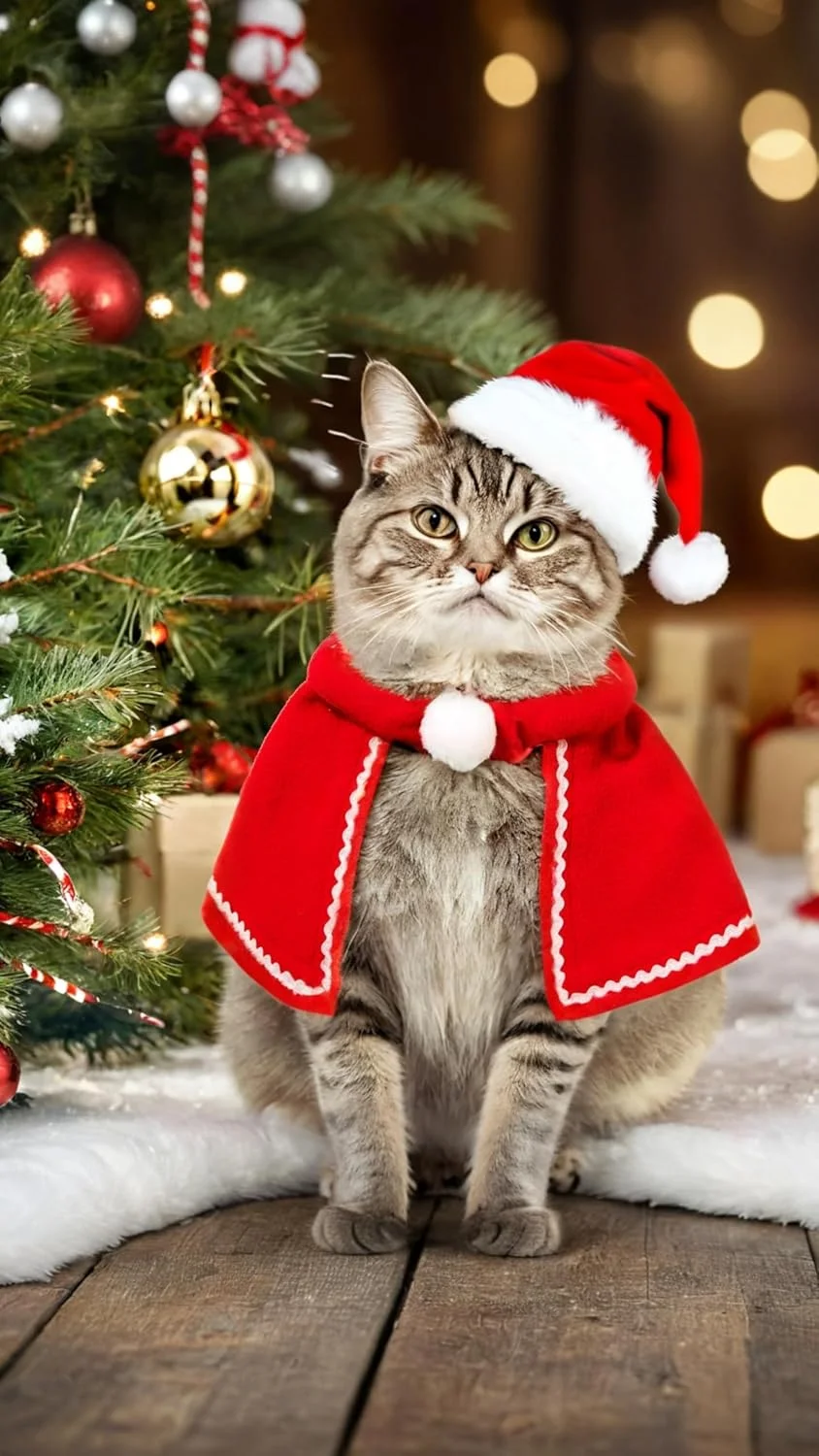 ست لباس کریسمس حیوانات خانگی شامل شاخ گوزن، کلاه بابانوئل، شال گردن قرمز و شنل حیوانات خانگی برای جشن های کریسمس سگ و گربه (4 تکه)