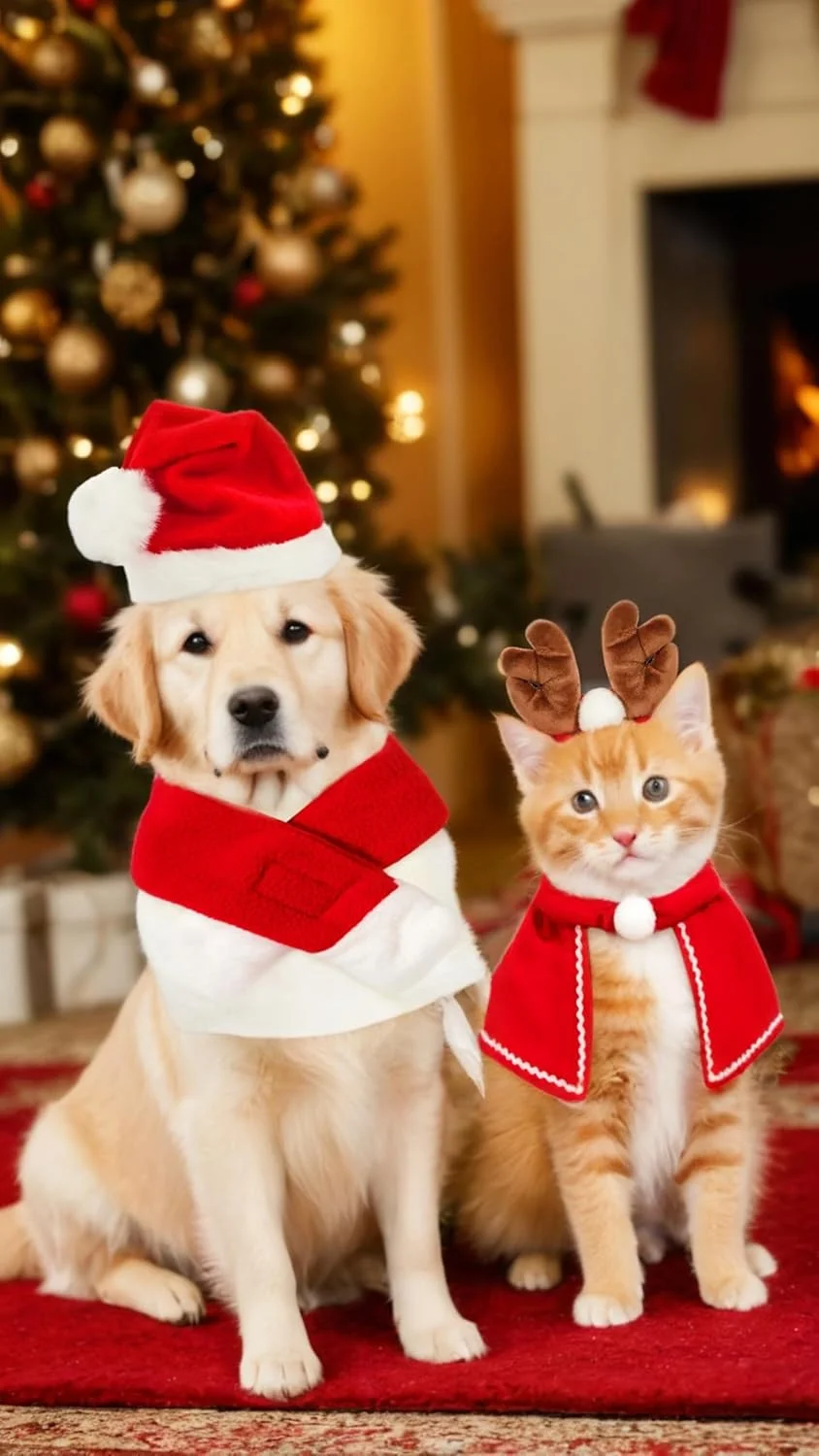 ست لباس کریسمس حیوانات خانگی شامل شاخ گوزن، کلاه بابانوئل، شال گردن قرمز و شنل حیوانات خانگی برای جشن های کریسمس سگ و گربه (4 تکه)