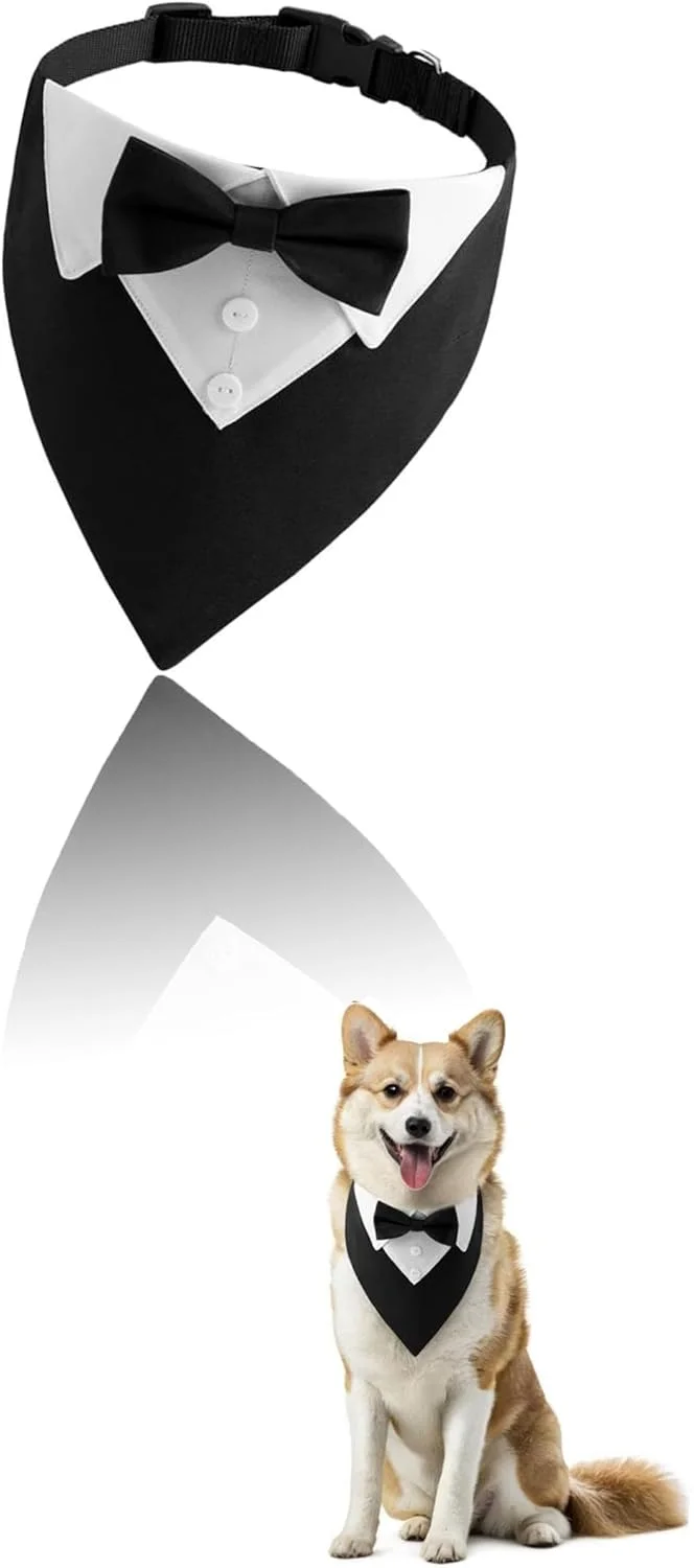 تاکسیدوی عروسی سگ Sweet Seven با یقه قابل تنظیم - لباس رسمی برای توله سگ - شامل پاپیون - ایده آل برای جشن ها و مهمانی های تولد - مشکی (L، محدوده تنظیم 36-60 سانتی متر)