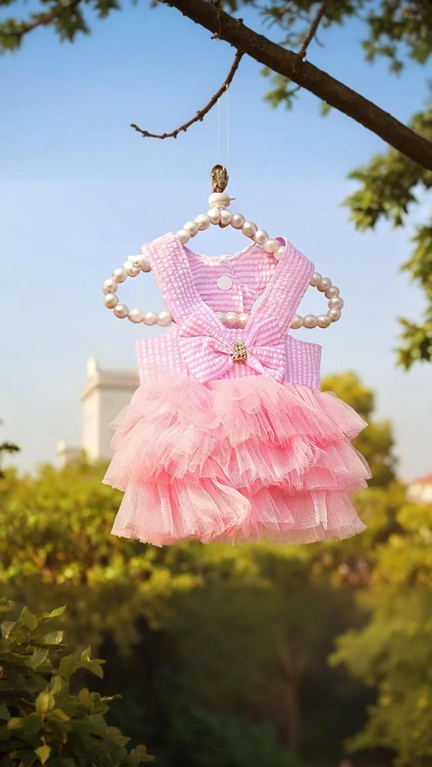 لباس سگ توری راه راه هفت رنگ - جلیقه پرنسسی دوست داشتنی با پاپیون برای سگ ها و گربه های کوچک (صورتی، سایز S، دور سینه 35 سانتی متر، طول پشت 25 سانتی متر)