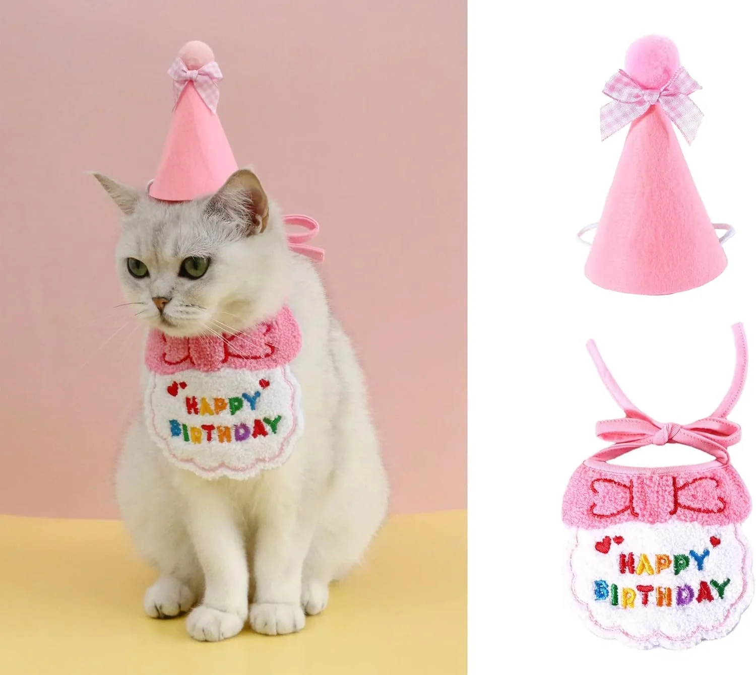 ست کلاه و شال گردن تولد برای گربه و توله سگ، 2 عددی، لباس پرنسسی گربه، دستمال سر توری زیبا برای گربه، ست تزئینات جشن تولد حیوانات خانگی (صورتی)