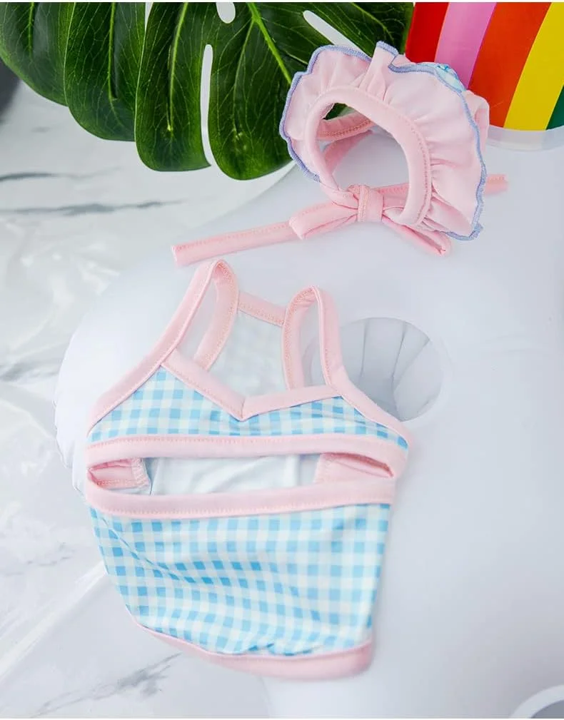 لباس شنا یک تکه سگ، پیراهن خنک کننده سگ طرح چهارخانه روشن با کلاه آفتابگیر، لباس شنای ساحلی حیوانات خانگی، لباس حمام توله سگ (آبی، بزرگ)