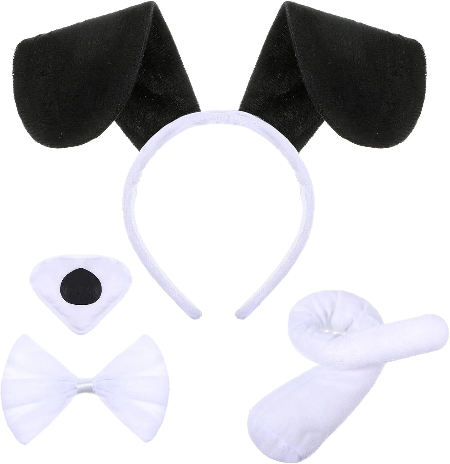 گوش سگ، دم حیوانات، تل سر فانتزی، پاپیون گوش سگ و بینی و دم سگ برای لوازم کارناوال (سفید مشکی)