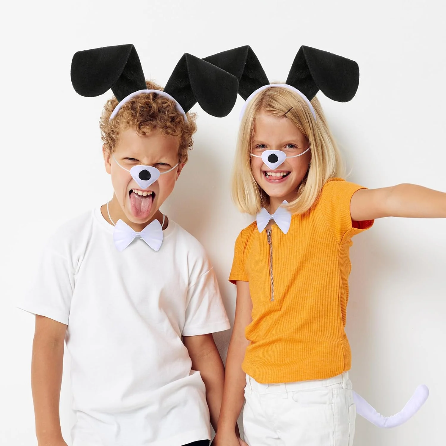 گوش سگ، دم حیوانات، تل سر فانتزی، پاپیون گوش سگ و بینی و دم سگ برای لوازم کارناوال (سفید مشکی)