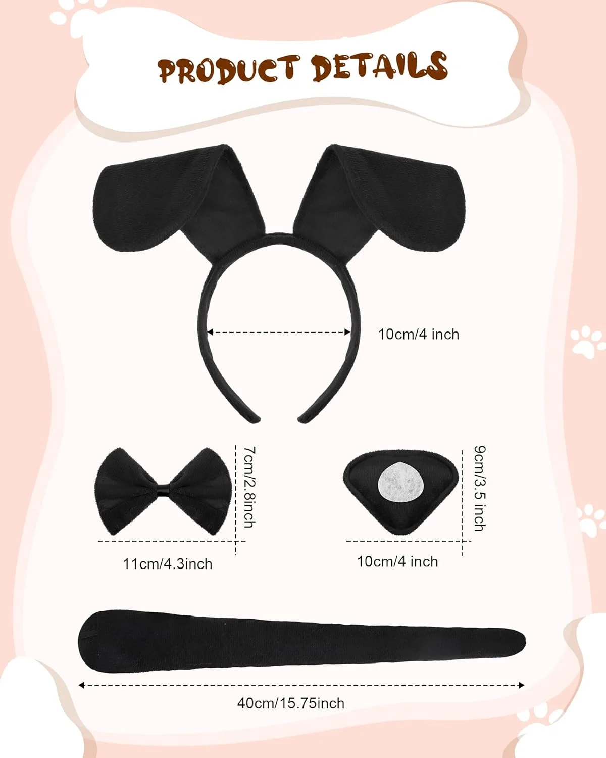 ست گوش سگ، تل سر سگ و پاپیون برای توله سگ ها، بینی سگ، لوازم جانبی لباس سگ برای کارناوال، روز جهانی کتاب، مهمانی لباس فانتزی حیوانات (مشکی)