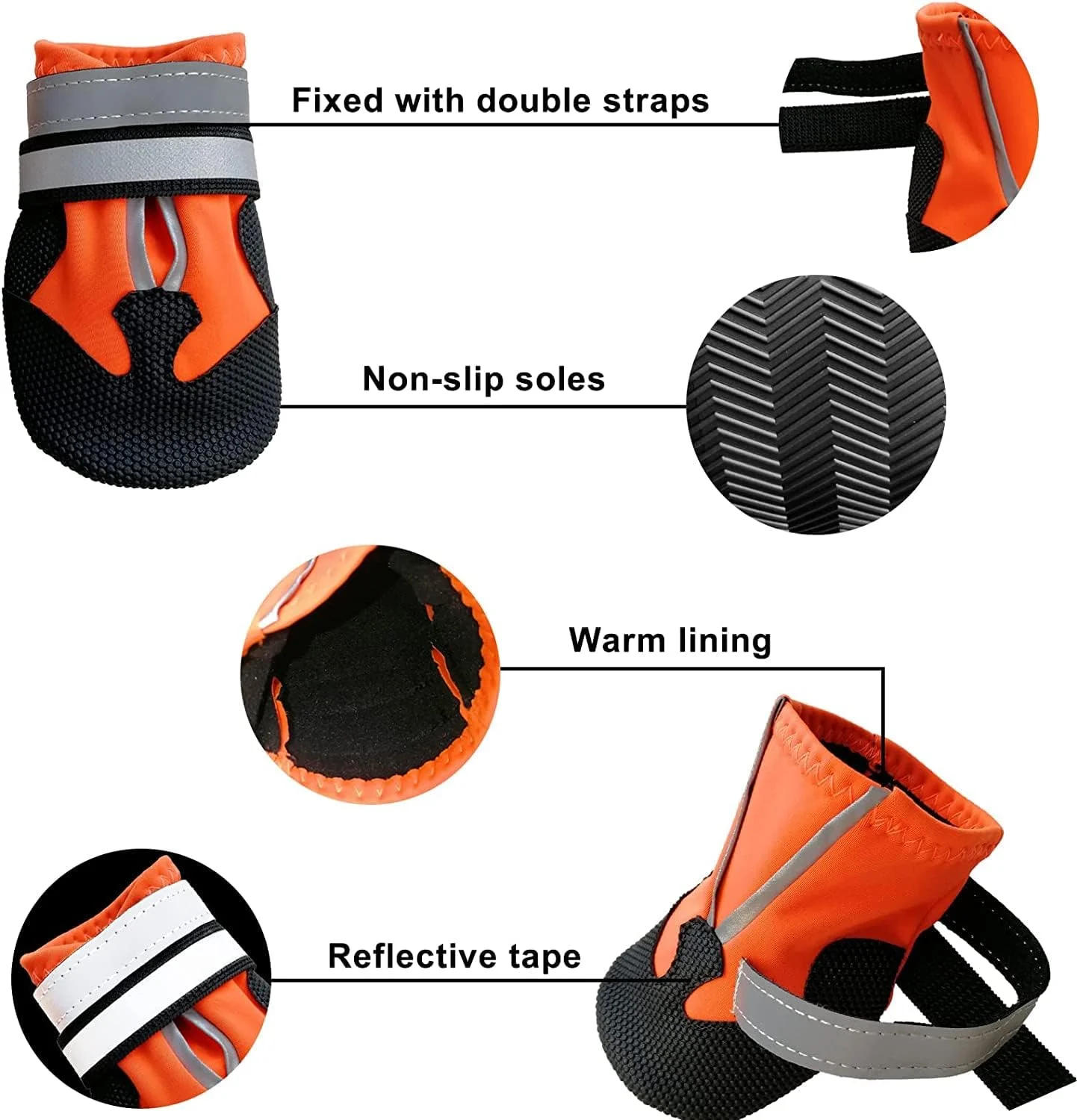 کفش محافظ ضد لغزش سگ سیوسی، ضد آب برای پنجه های آسیب دیده، ست 4 عددی کفش مقاوم در برابر سایش با نوارهای بازتابنده، برای سگ های کوچک، متوسط و بزرگ مناسب فضای باز (M، نارنجی)